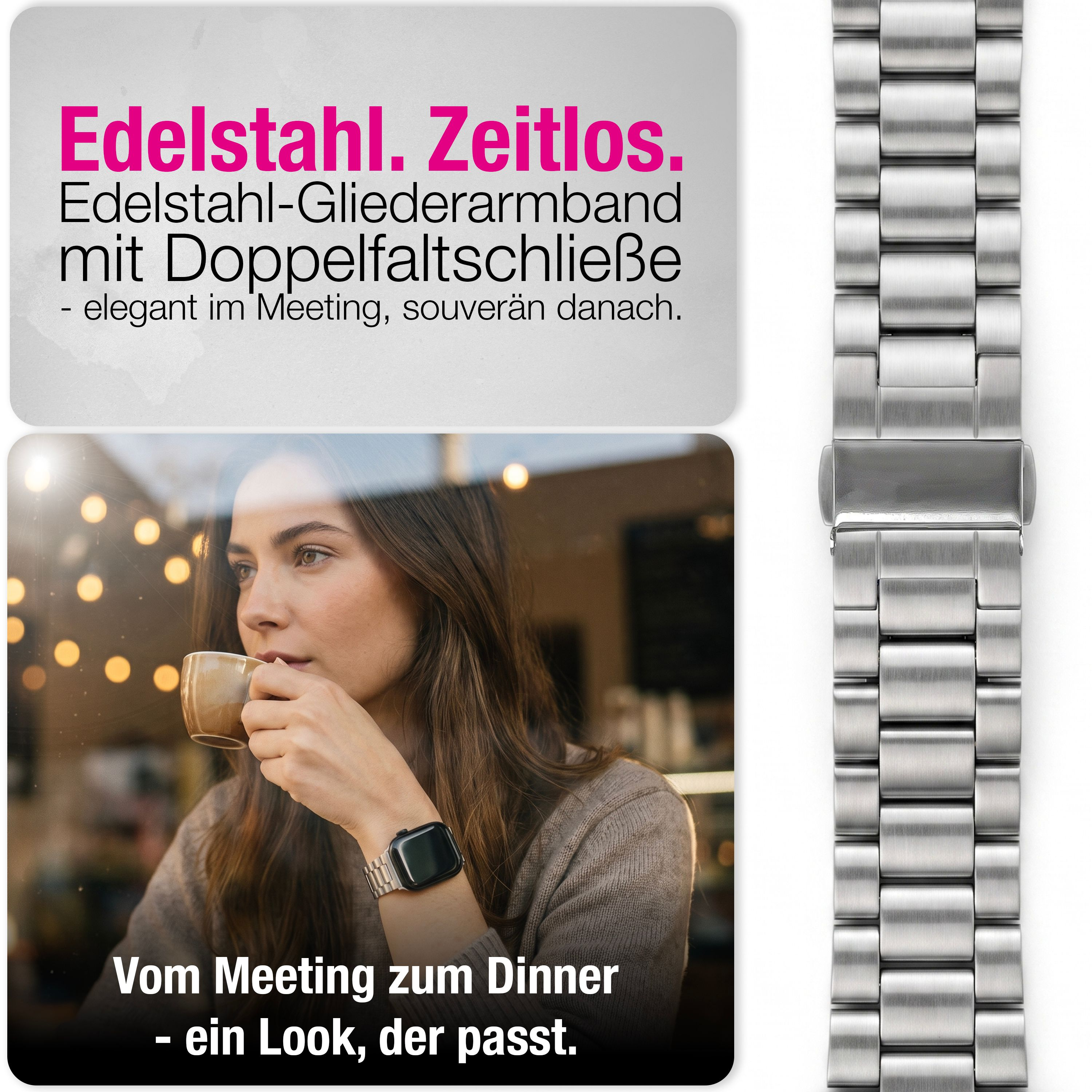 Frau trinkt Kaffee mit Edelstahl-Uhrenarmband. Nahaufnahme.