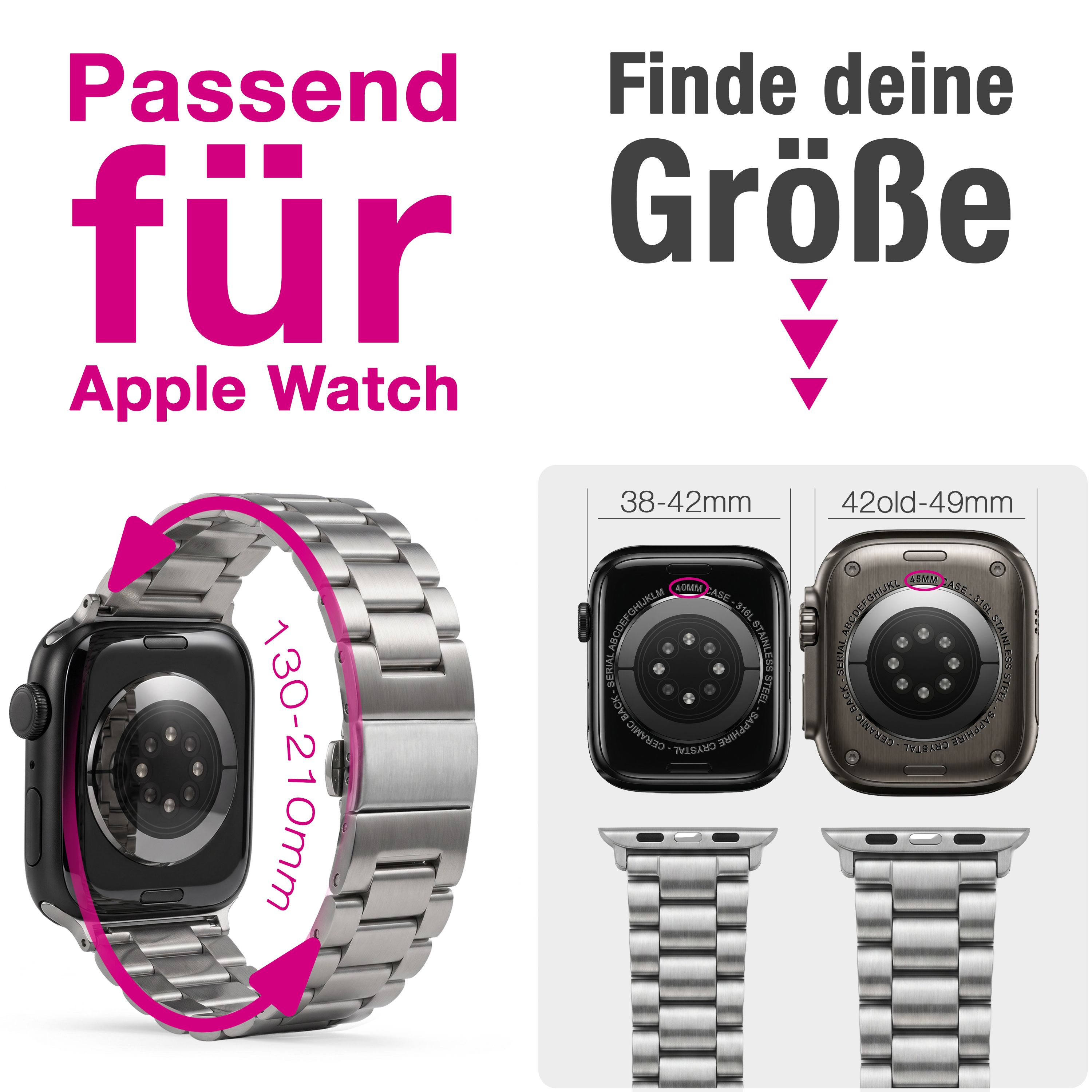 Apple Watch Armband Größenvergleich: 38-42mm und 42-49mm.