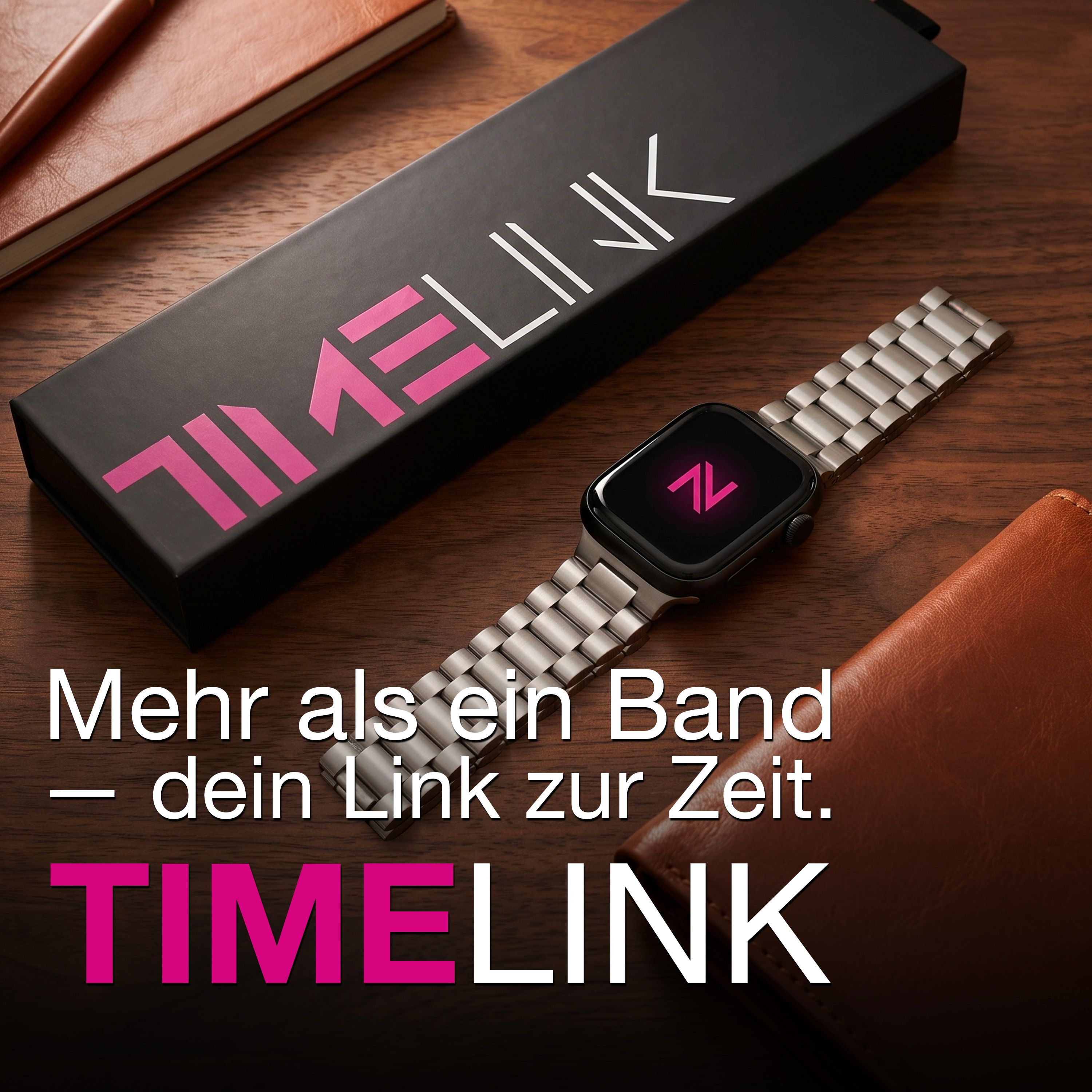 Eine schwarze TIMELINK-Verpackung mit einem silbernen Metallarmband und einer Smartwatch.
