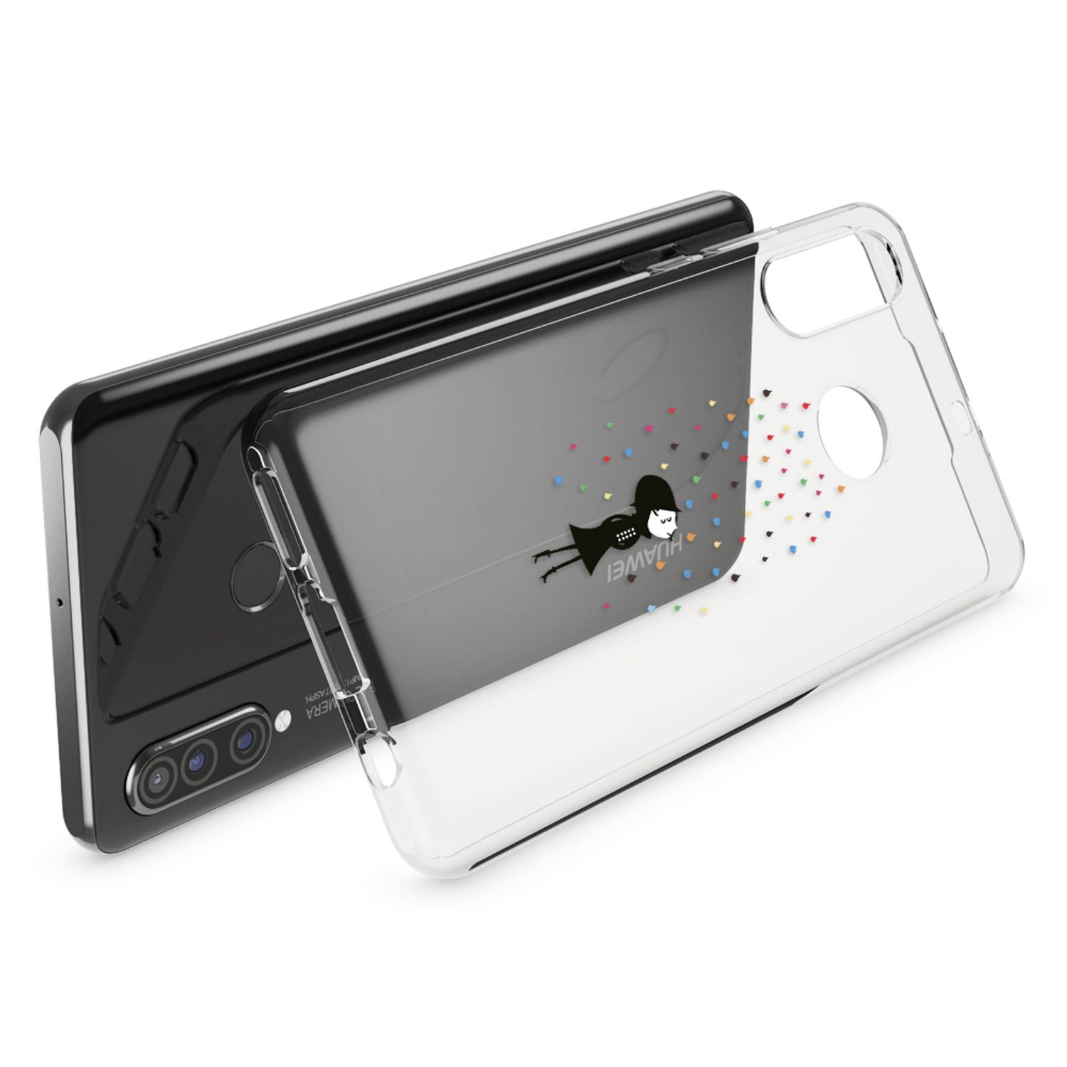 Una cover trasparente per telefono con disegno di uccello e cuori.