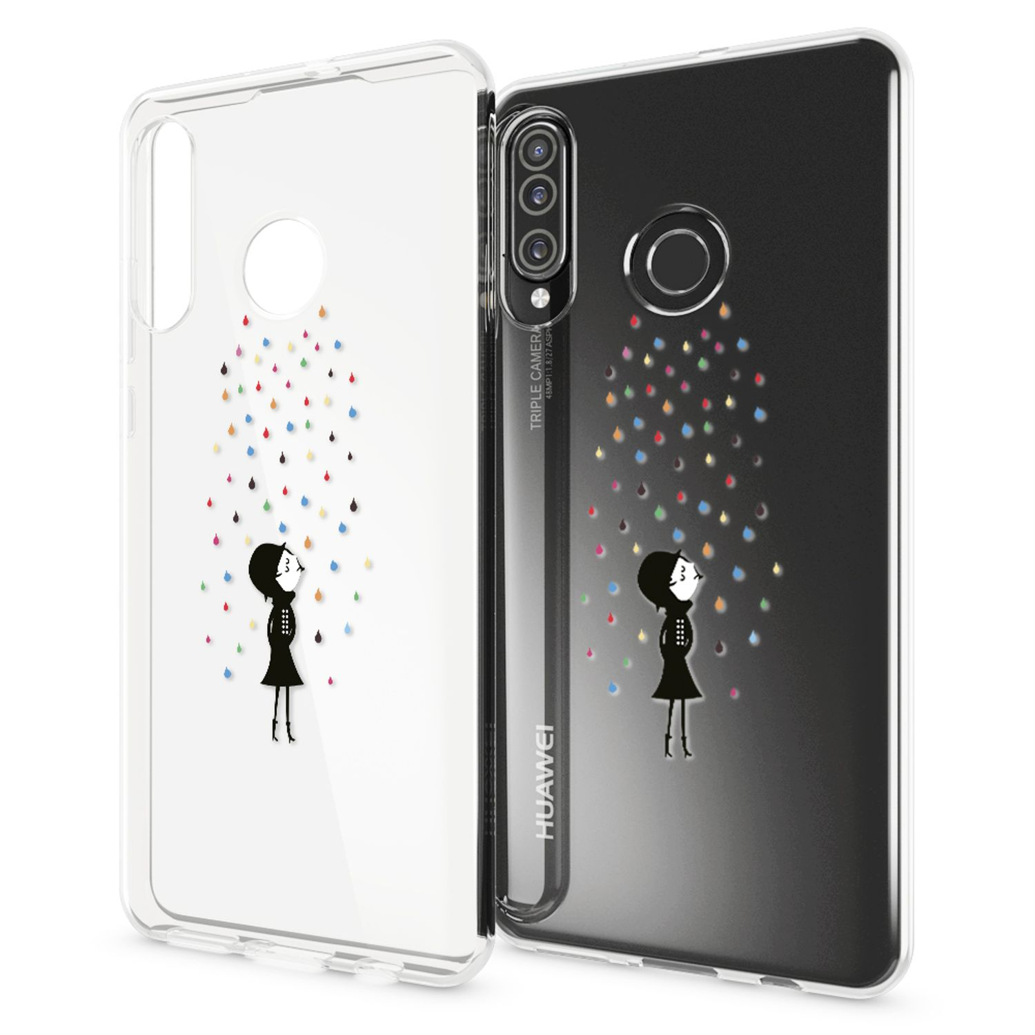 Due custodie trasparenti per telefono con una ragazza che guarda gocce di pioggia colorate.