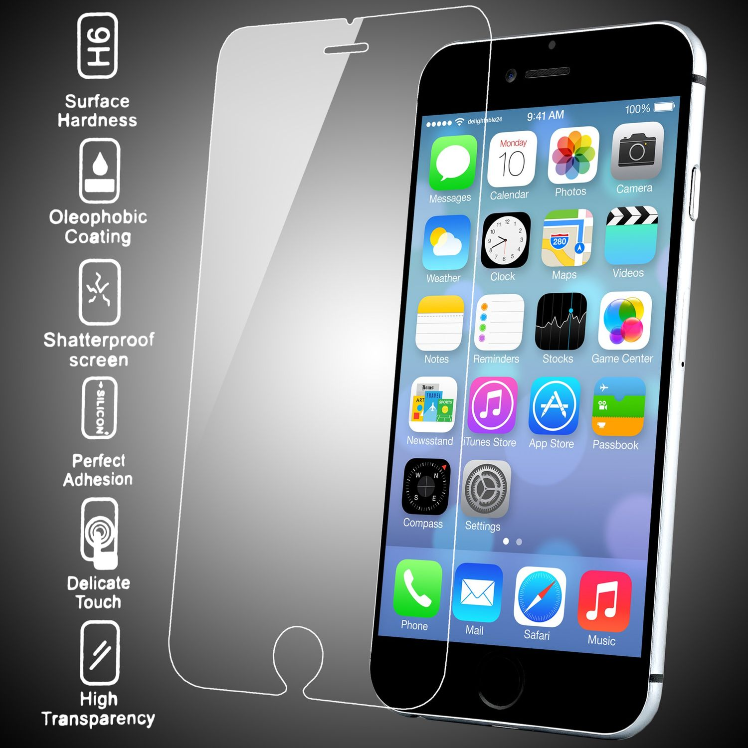Un protecteur d'écran à côté d'un iPhone affichant des icônes d'applications.