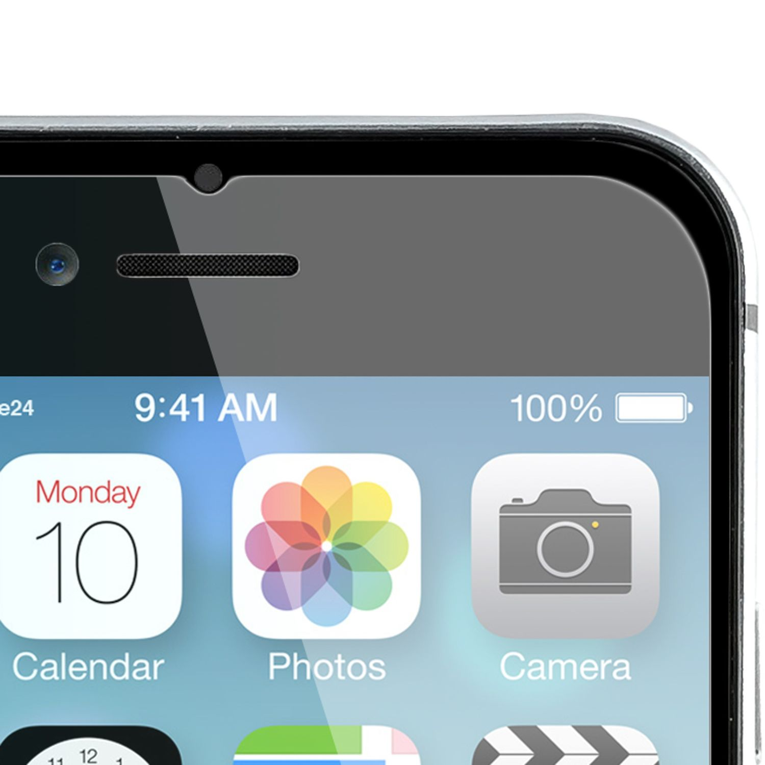 Écran d'accueil iPhone avec icônes Calendrier, Photos et Appareil photo. Heure 9h41.