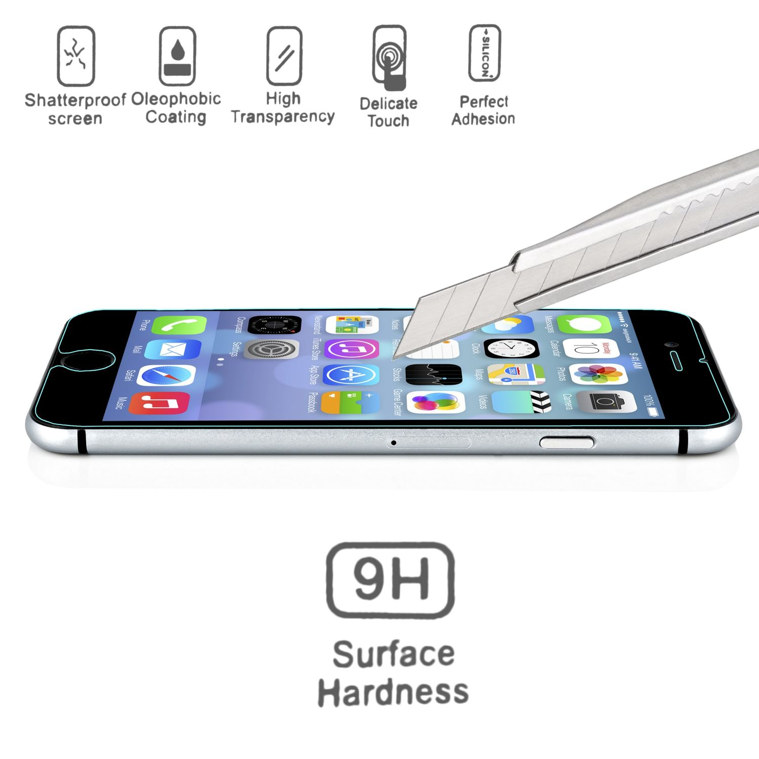 Un couteau coupe un écran d'iPhone recouvert d'un film protecteur.