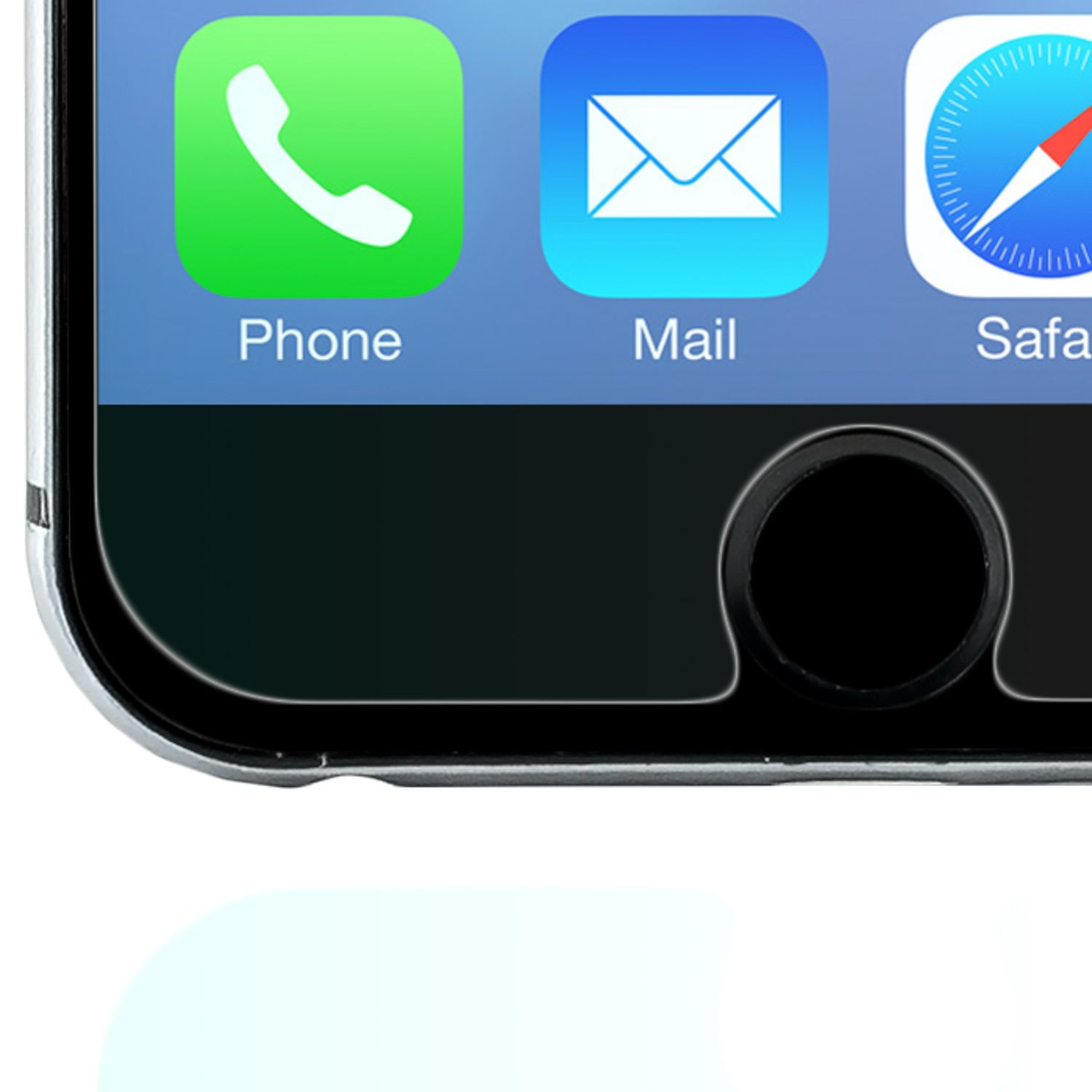Écran d'accueil iPhone avec icônes : Téléphone, Mail, Safari. Bouton d'accueil en bas.