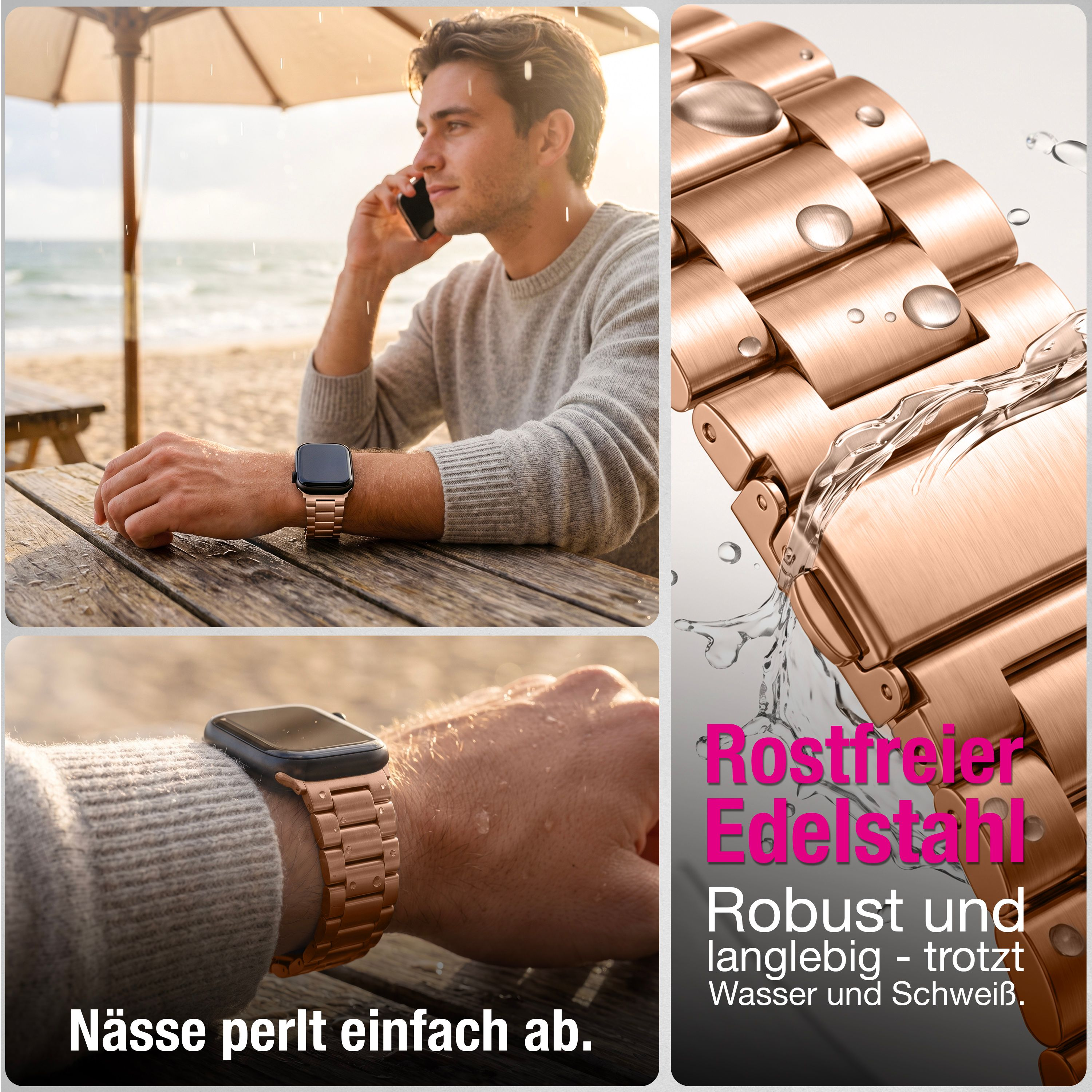Mann telefoniert am Strand, während Regen fällt. Detailaufnahme des Armbands.