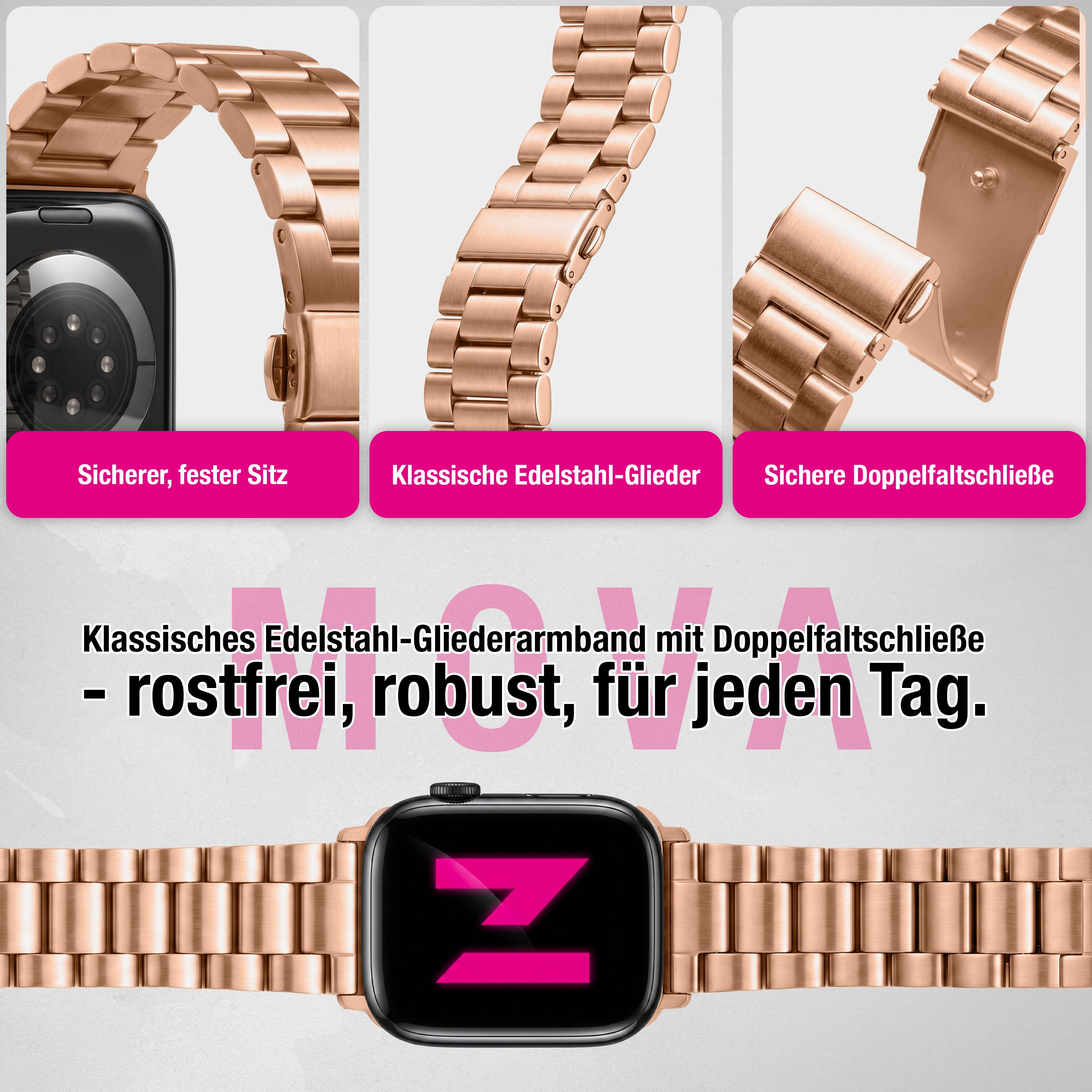Rosafarbenes Edelstahl-Uhrenarmband mit Dornschließe, nahaufnahme