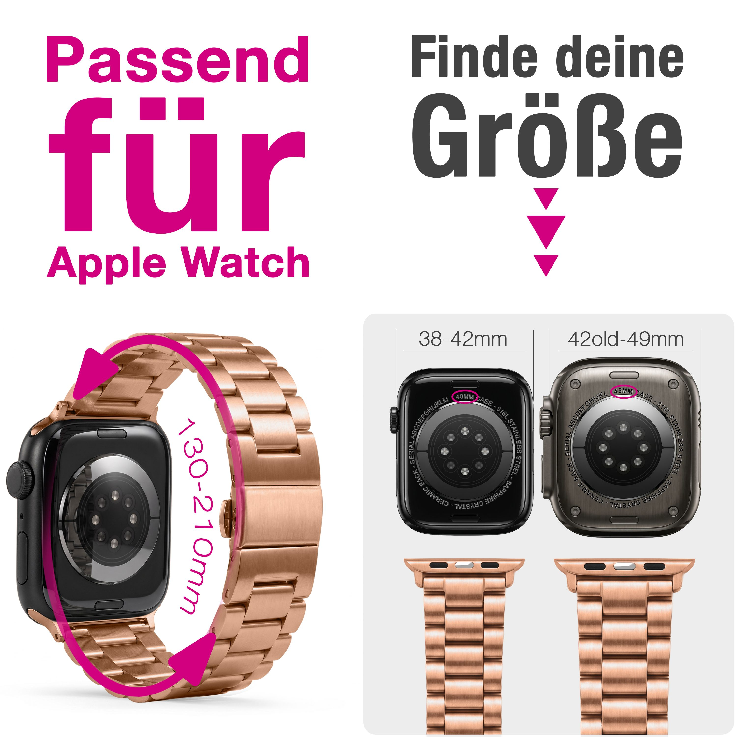 Passende Apple Watch Armbänder in verschiedenen Größen. Roségold.