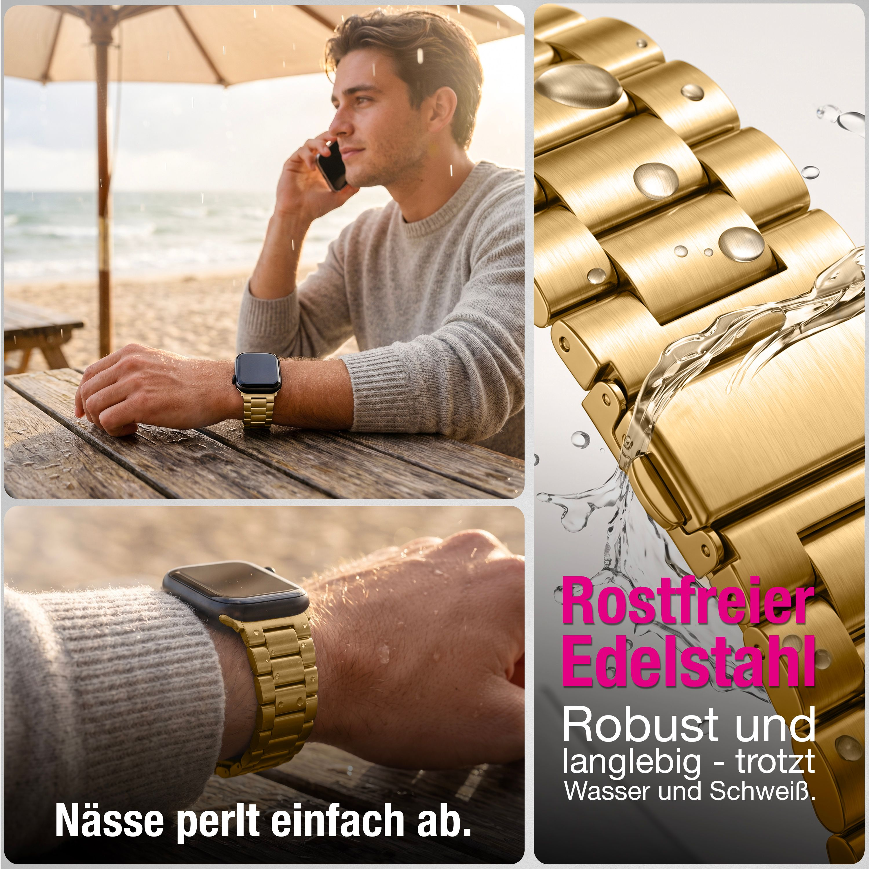 Mann am Strand telefoniert, neben ihm ein goldenes Uhrenarmband mit Wassertropfen.