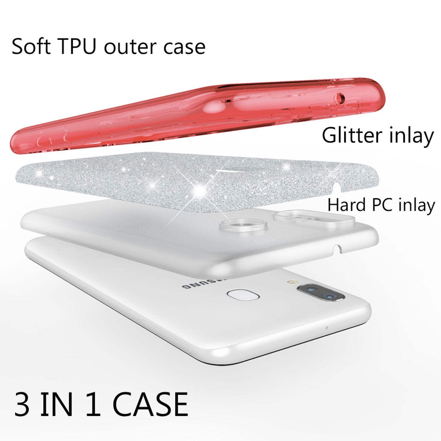 Explosionszeichnung einer 3-in-1-Handyhülle mit rotem TPU, Glitzer und PC-Einlage auf weißem Handy.