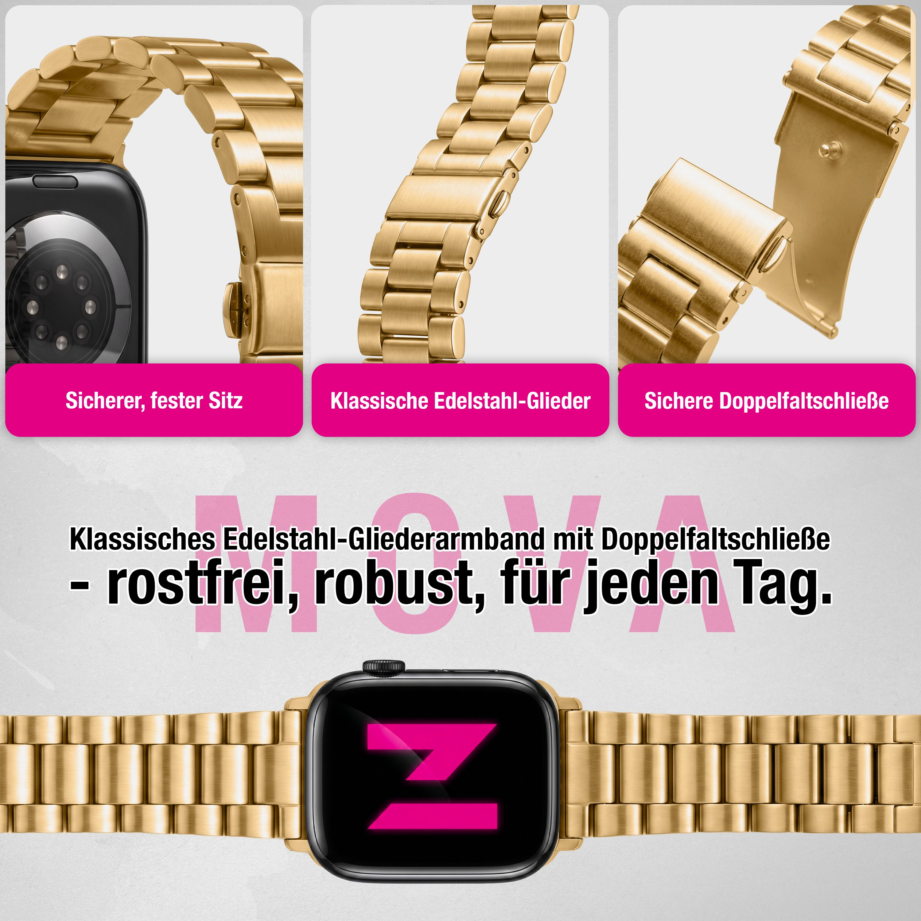 Goldenes Edelstahl-Uhrenarmband mit klassischem Gliederdesign und Doppelfaltschließe.