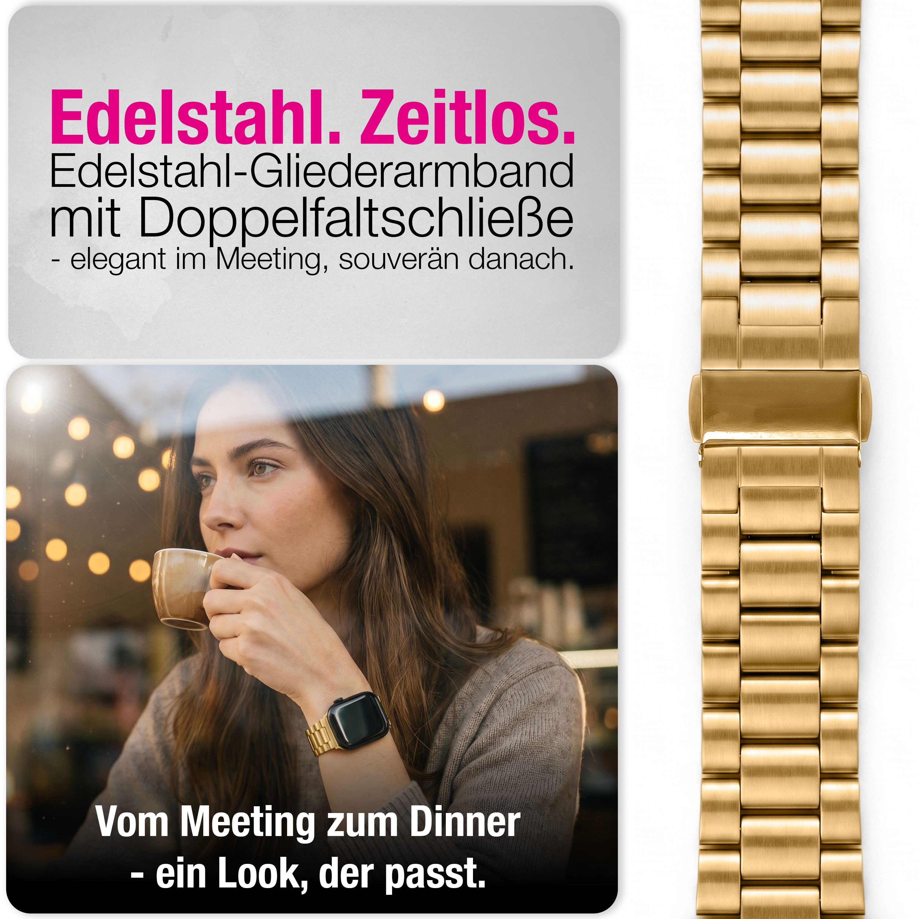 Goldenes Edelstahl-Armband und Frau trinkt Kaffee.