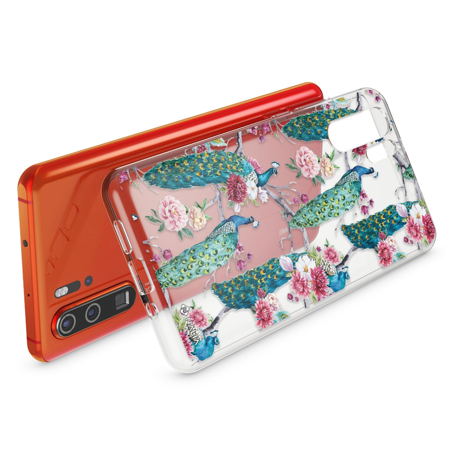 Ein orangefarbenes Smartphone mit einer durchsichtigen Hülle mit Pfauen und Blumen.