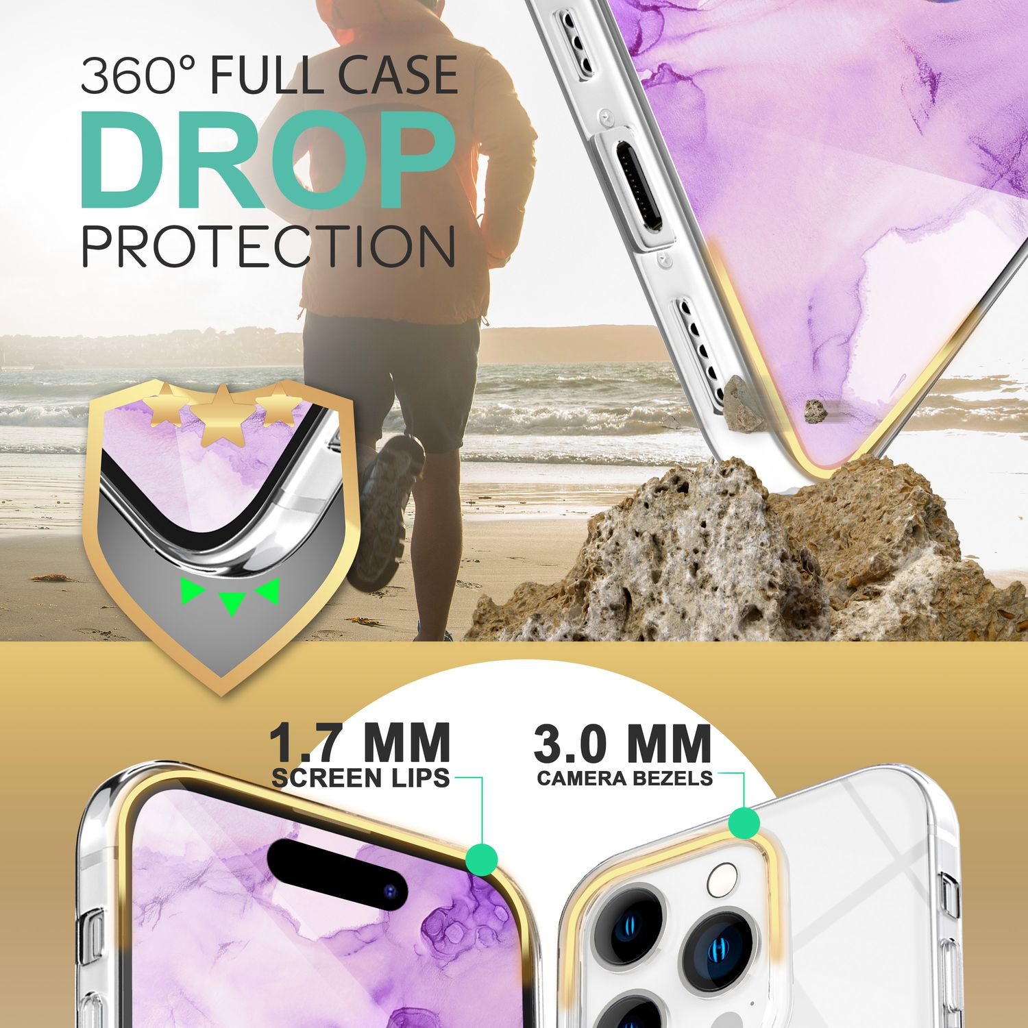 Custodia marmo con protezione caduta 360°, labbra 1,7 mm, cornici 3,0 mm.
