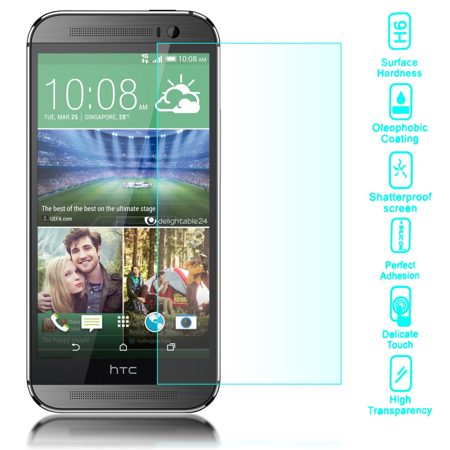 Un smartphone avec un autocollant de protection d'écran et des icônes à côté.