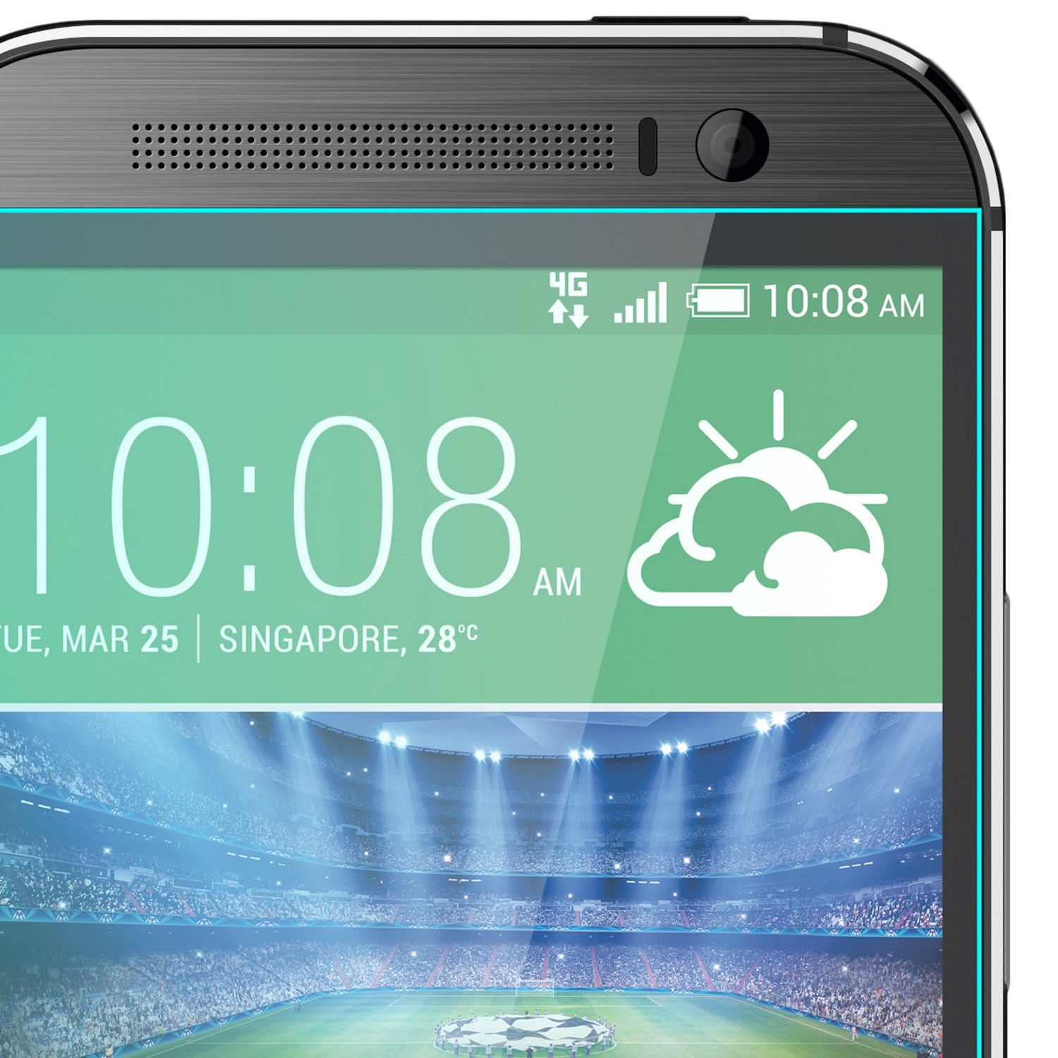 Écran du téléphone affiche 10:08, date, météo et stade.