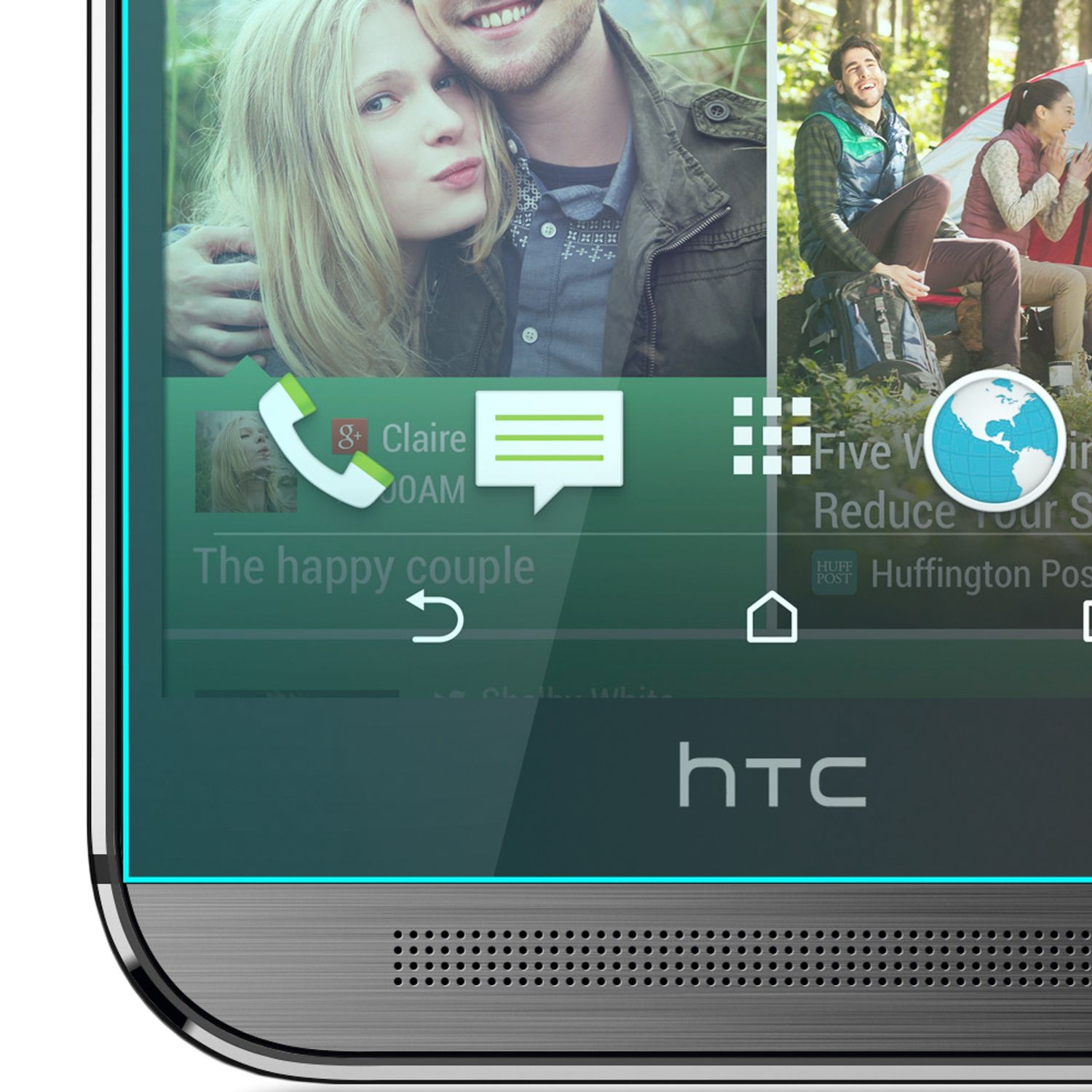 Écran de téléphone montrant un couple, du camping et des icônes d'applications comme Google+, messages et actualités.