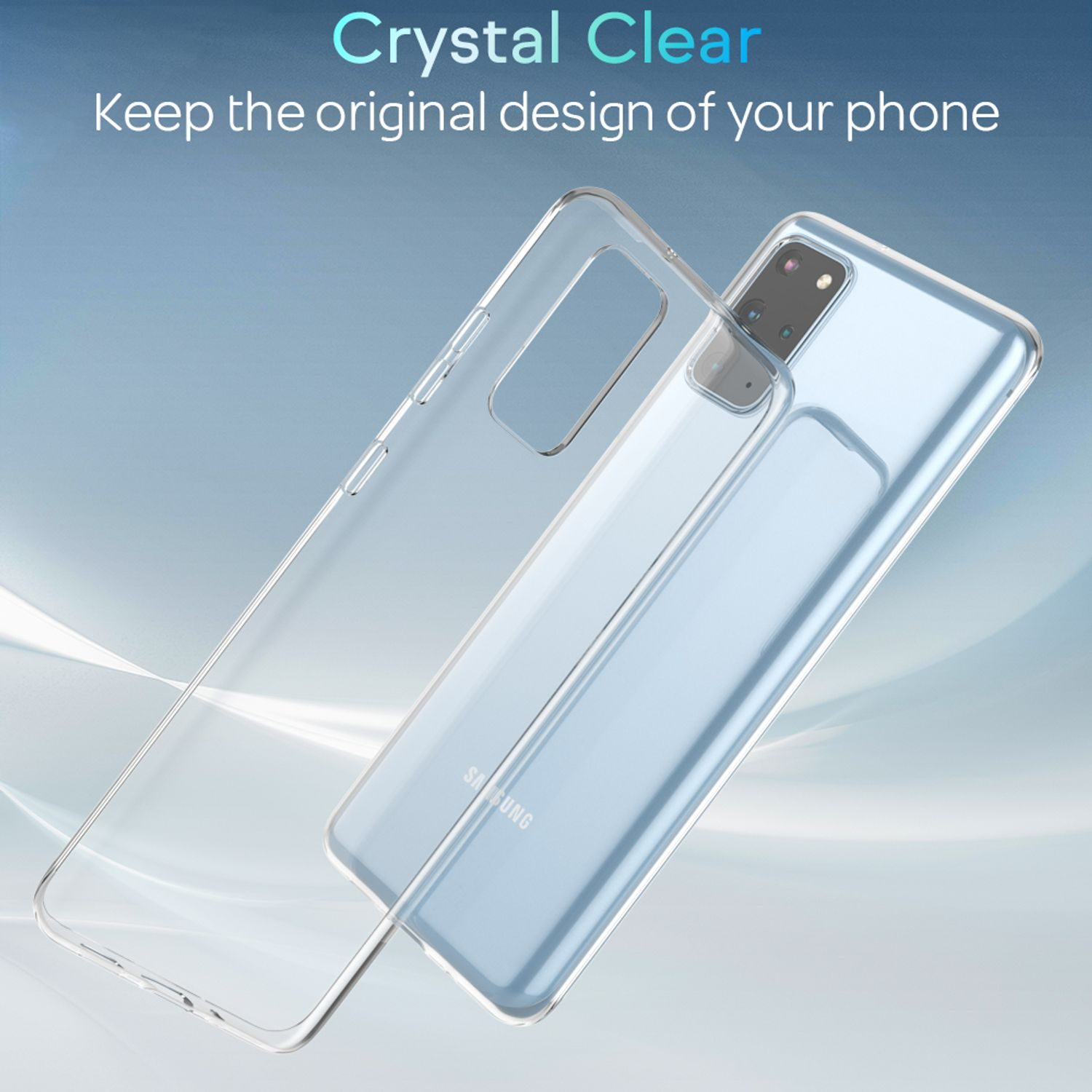 Una custodia trasparente per telefono giace accanto a uno smartphone blu.
