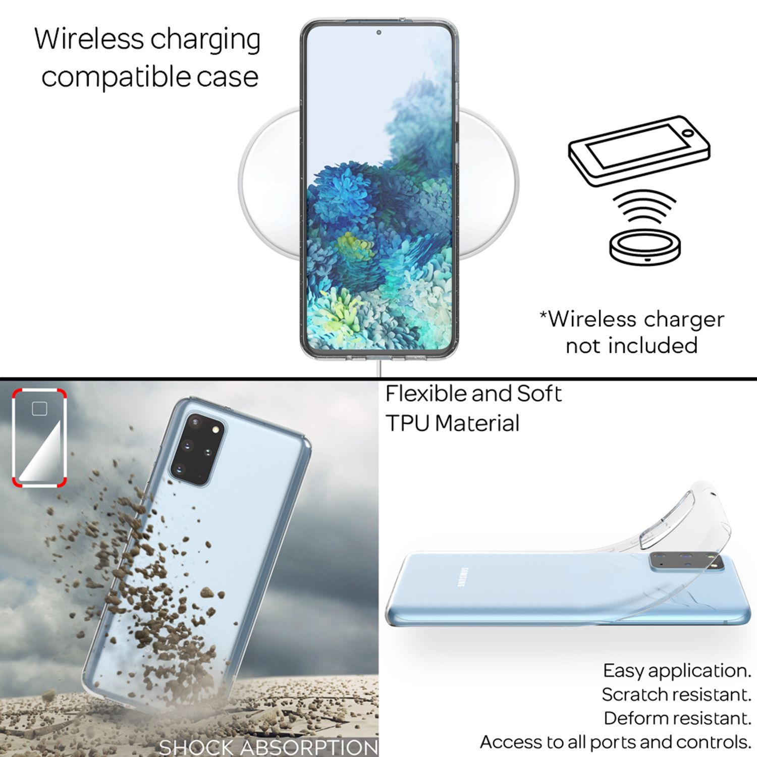Custodia per telefono con ricarica wireless, assorbimento urti, flessibile.