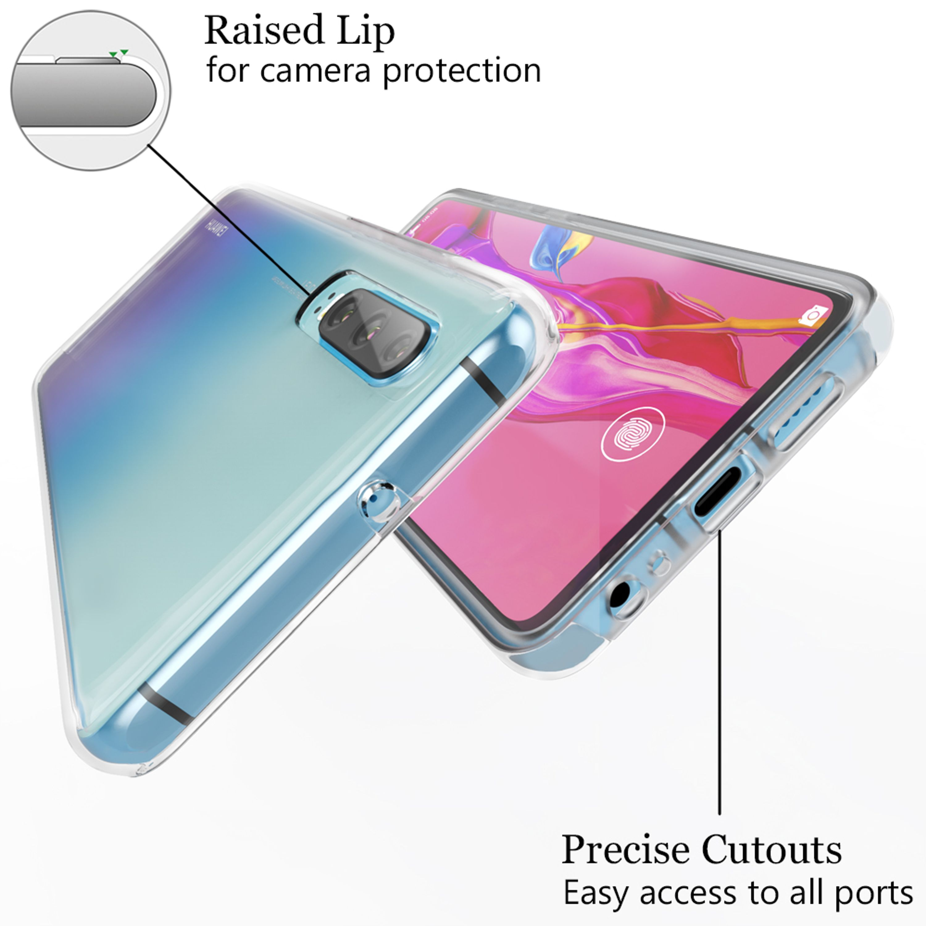 Una cover trasparente per telefono con retro sfumato blu-verde, ritagli precisi.