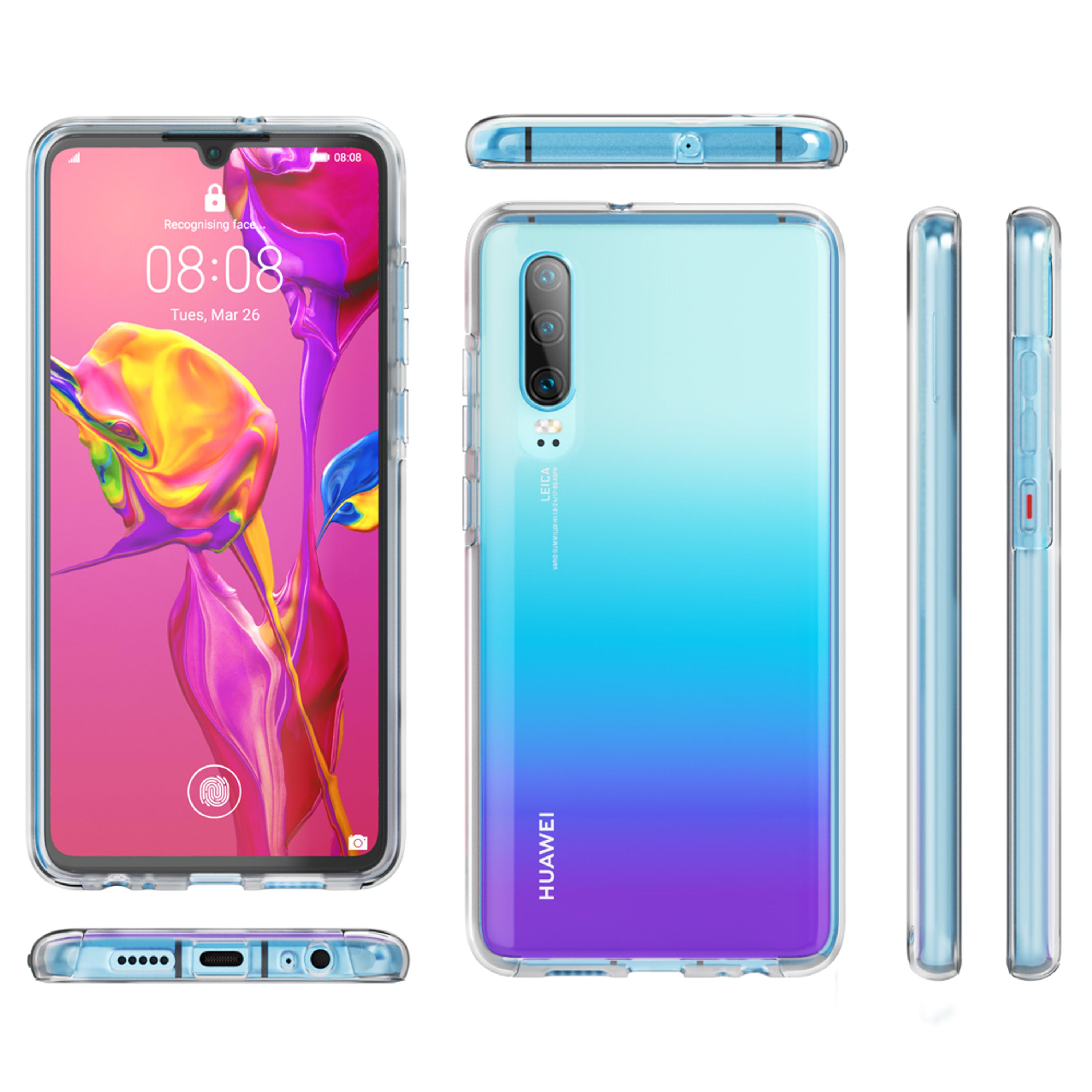 Una custodia trasparente per telefono mostra un retro sfumato blu-viola con fotocamere.