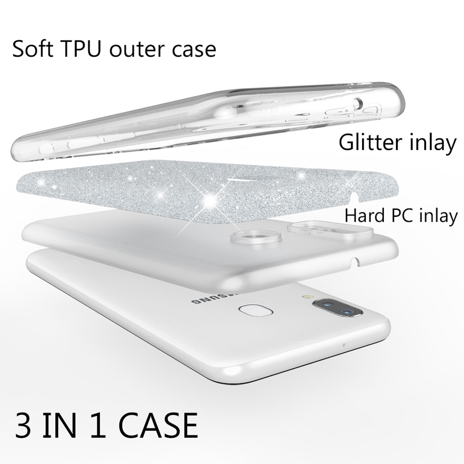 Schutzhülle mit 3 Schichten: Weiche TPU-Außenseite, Glitzer- und Hart-PC-Einlage.