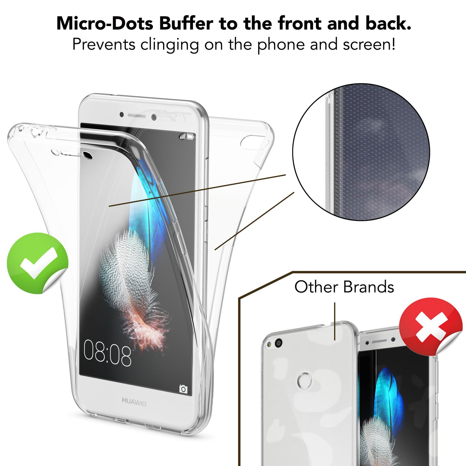 Transparent Handyhülle mit Mikro-Punkten, zeigt Handy und Bildschirm.