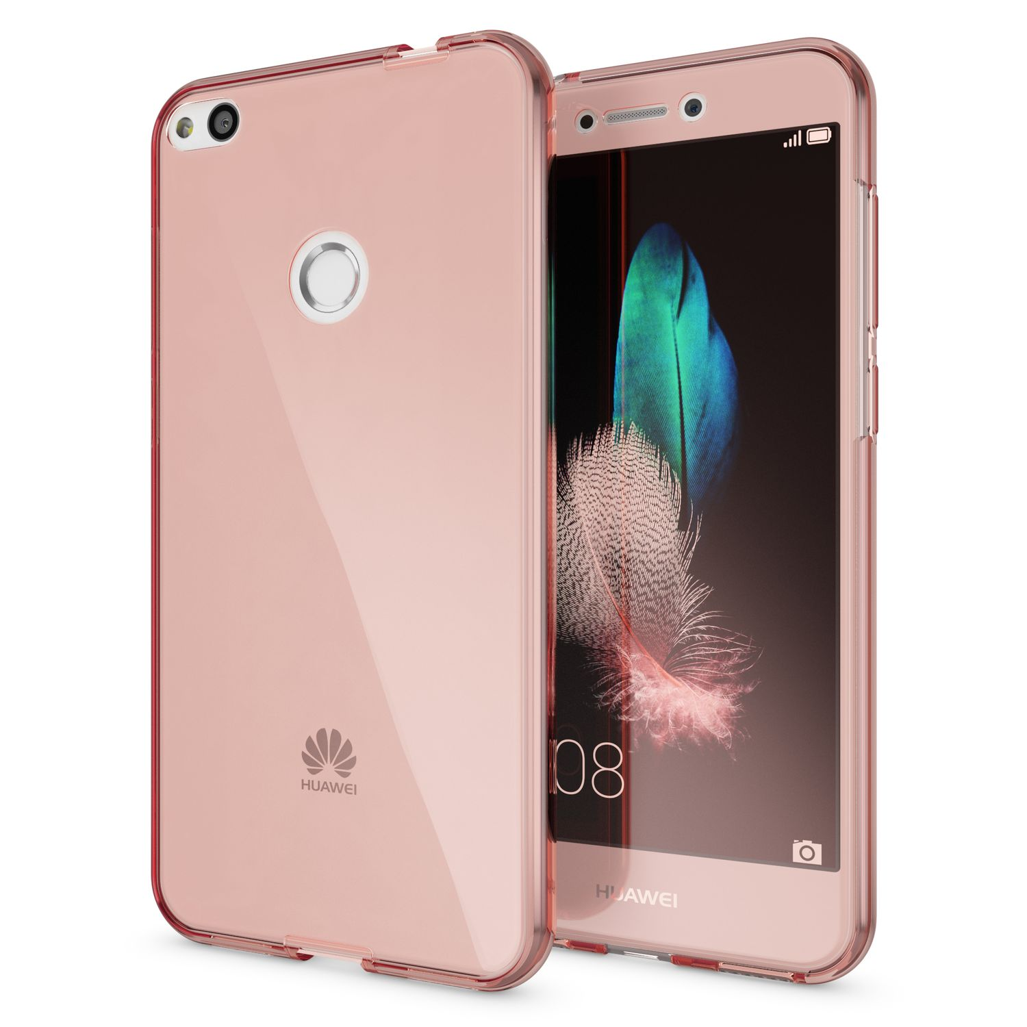 Un telefono rosa trasparente con sfondo a piuma e l'ora 08.