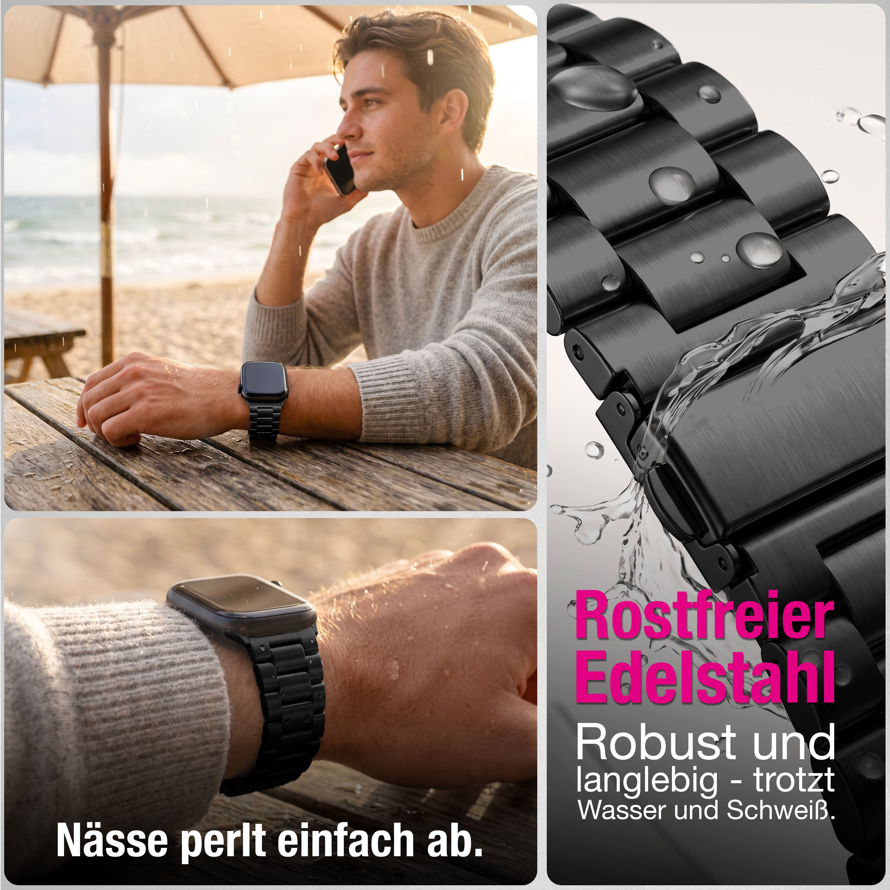 Ein Mann am Handy am Strand, eine Uhr am Handgelenk, Wasser perlt ab.