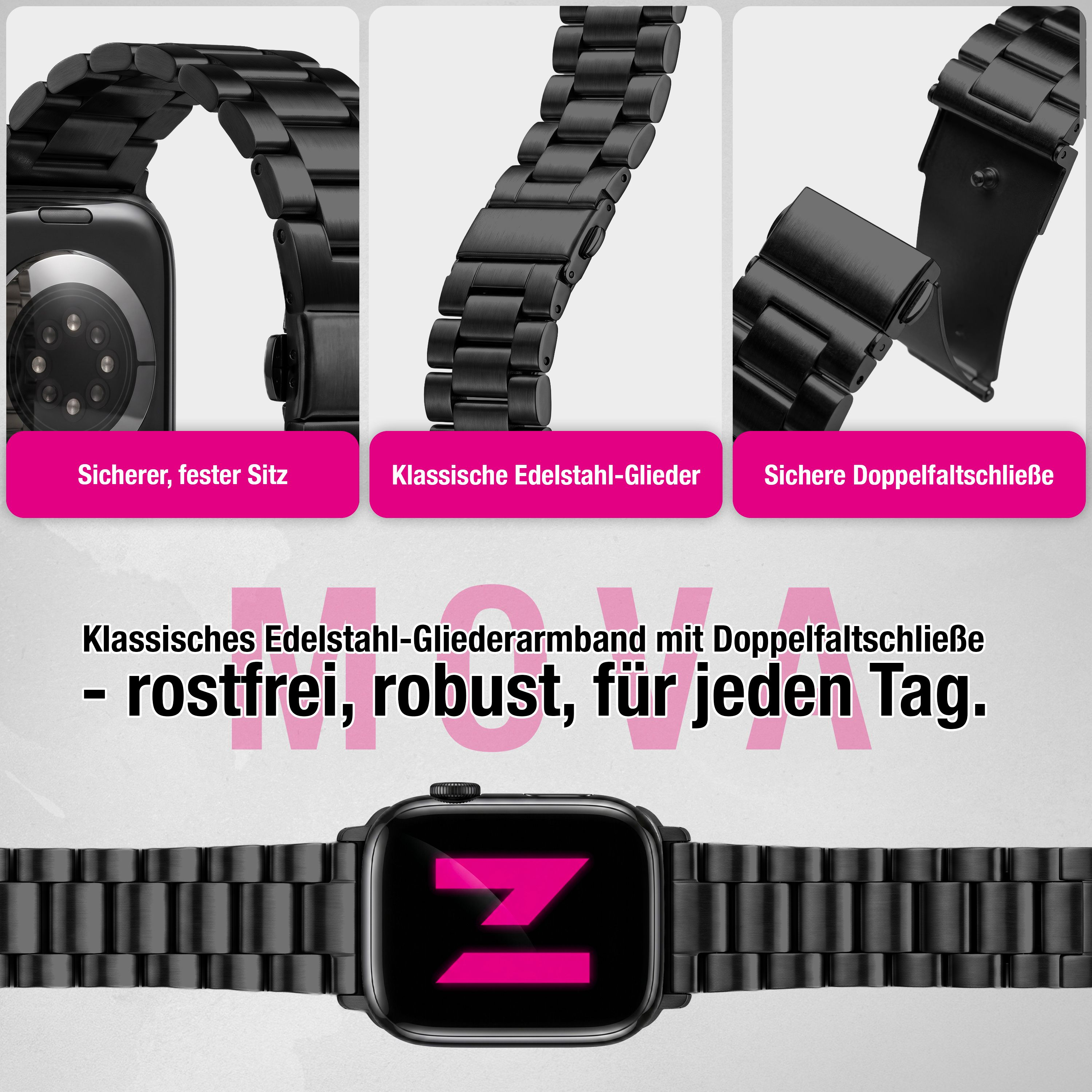 Schwarzes Edelstahl-Uhrenarmband mit klassischem Glieder-Design und Faltschließe.