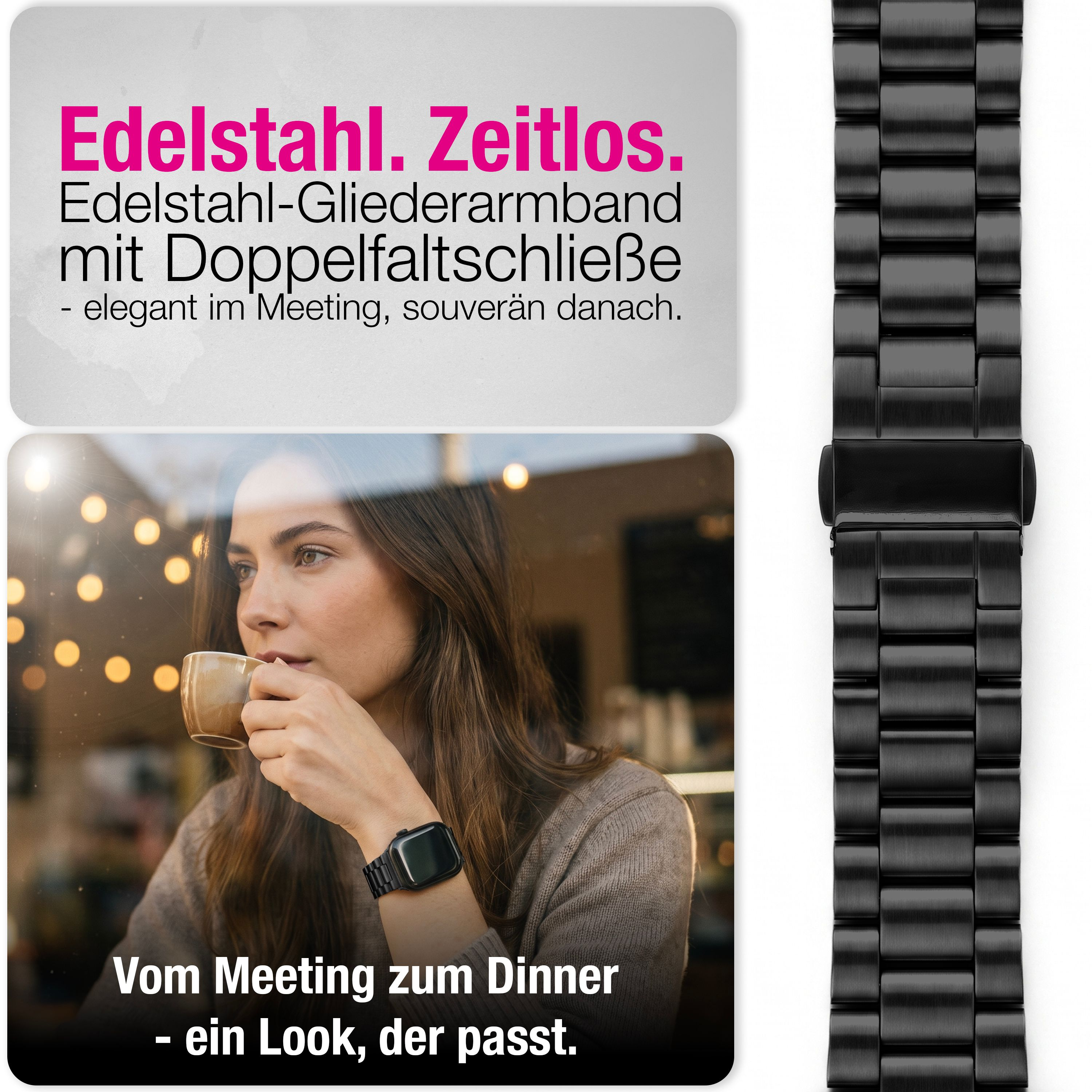 Schwarzes Edelstahl-Uhrenarmband und eine Frau trinkt Kaffee.
