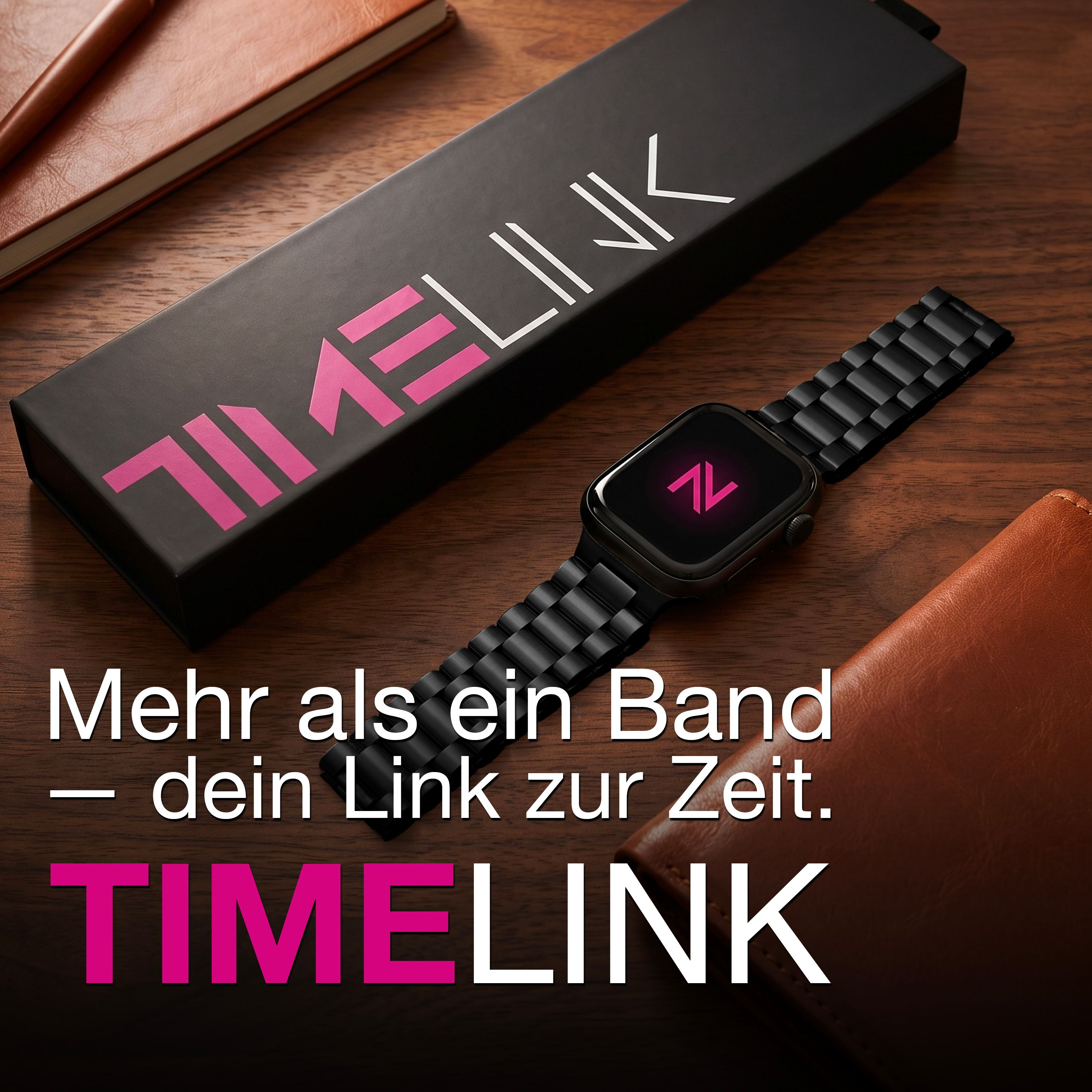 Schwarze Smartwatch mit Armband neben schwarzer Verpackung und Notizbuch.