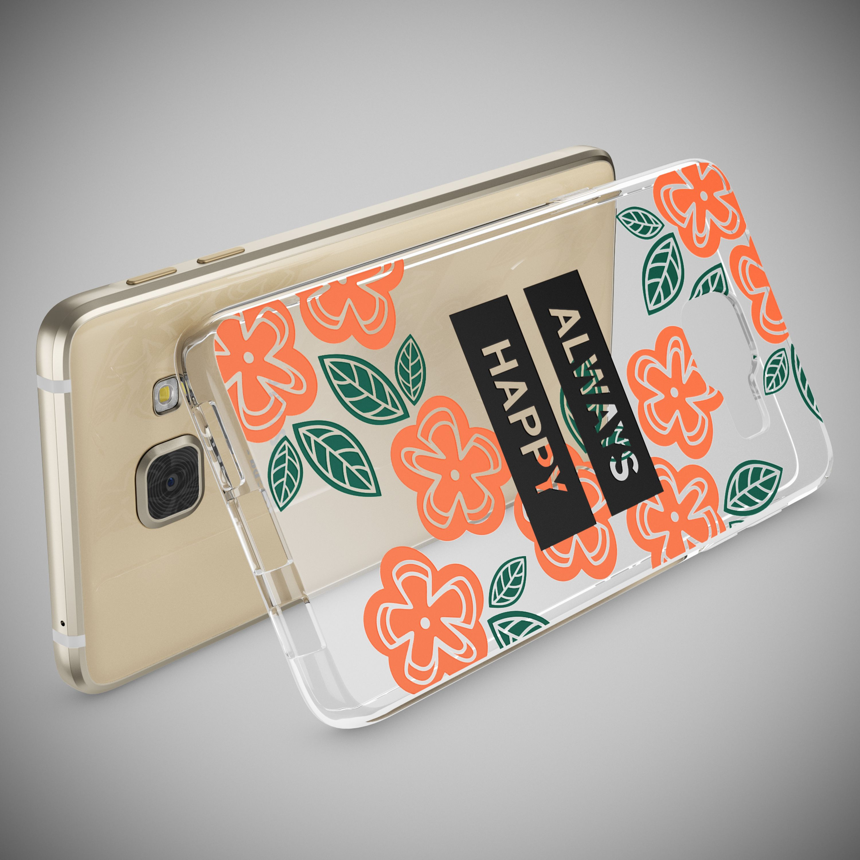 Goldenes Smartphone mit durchsichtiger Hülle mit orangefarbenen Blumen und grünen Blättern.
