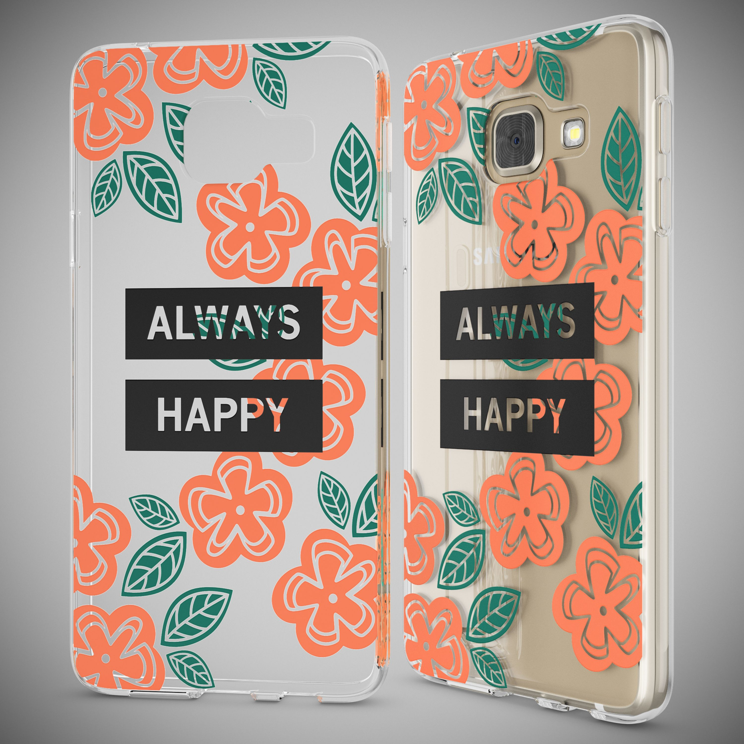 Zwei durchsichtige Handyhüllen mit orangen Blumen und Blättern. „ALWAYS HAPPY“.