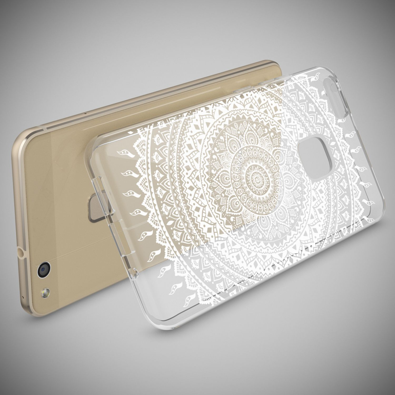Ein goldener Smartphone-Rücken mit einer durchsichtigen Hülle mit weißem Mandala-Muster.