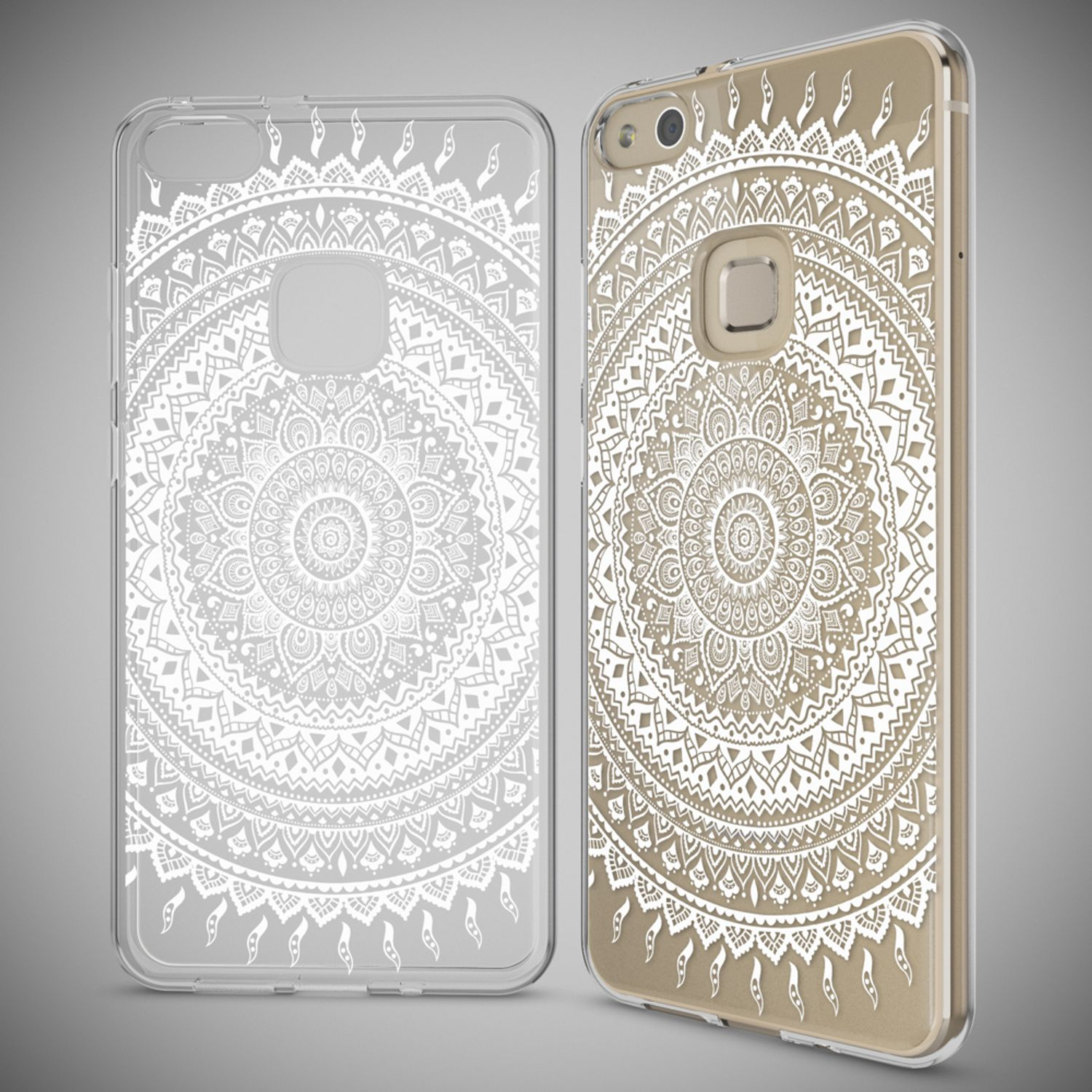 Zwei Handyhüllen mit weißem Mandala-Muster auf klarem und goldenem Hintergrund.