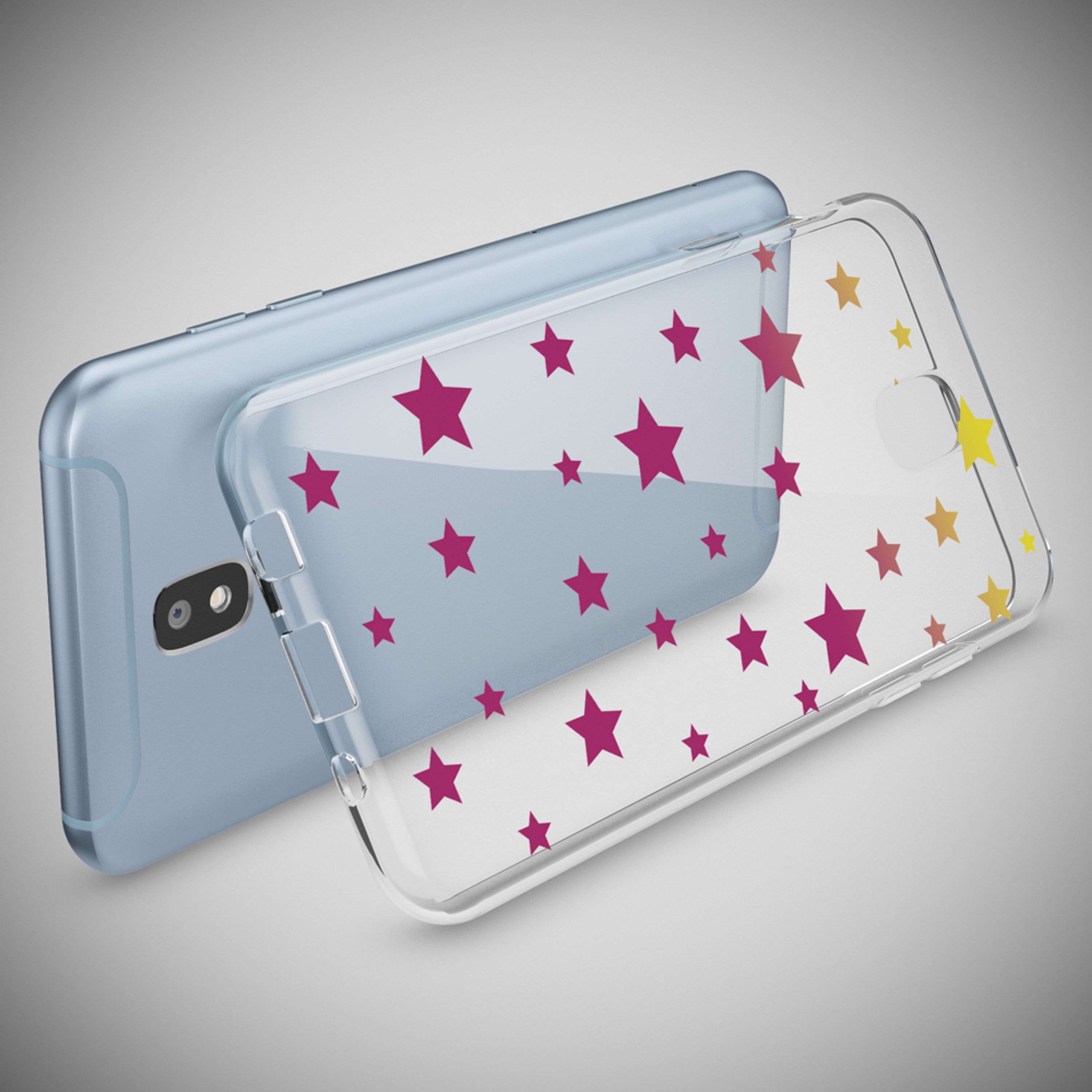 Ein blaues Smartphone mit einer durchsichtigen Hülle mit Sternenmuster.