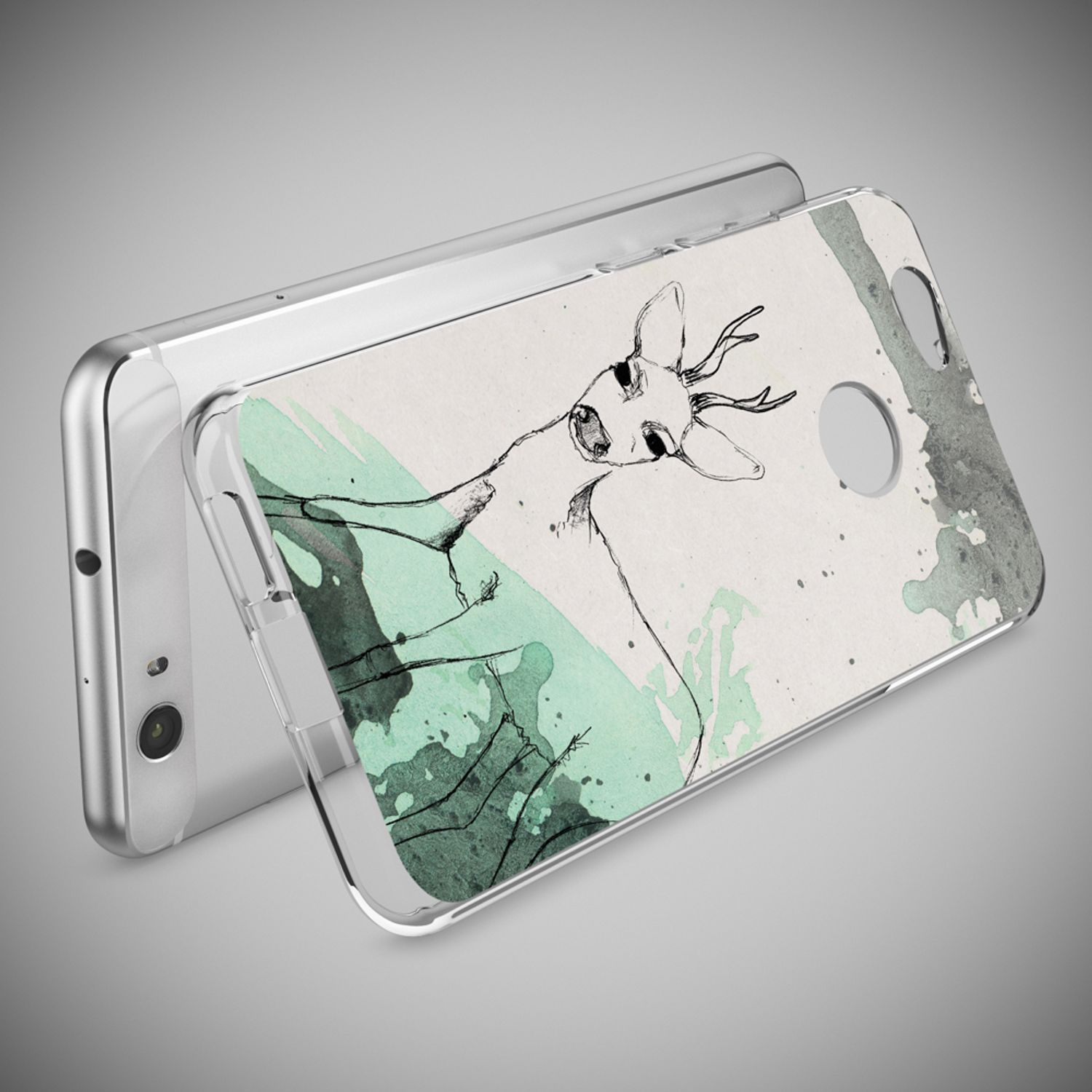 Ein Handy mit einer Hülle, die einen Hirsch im Aquarellstil zeigt.