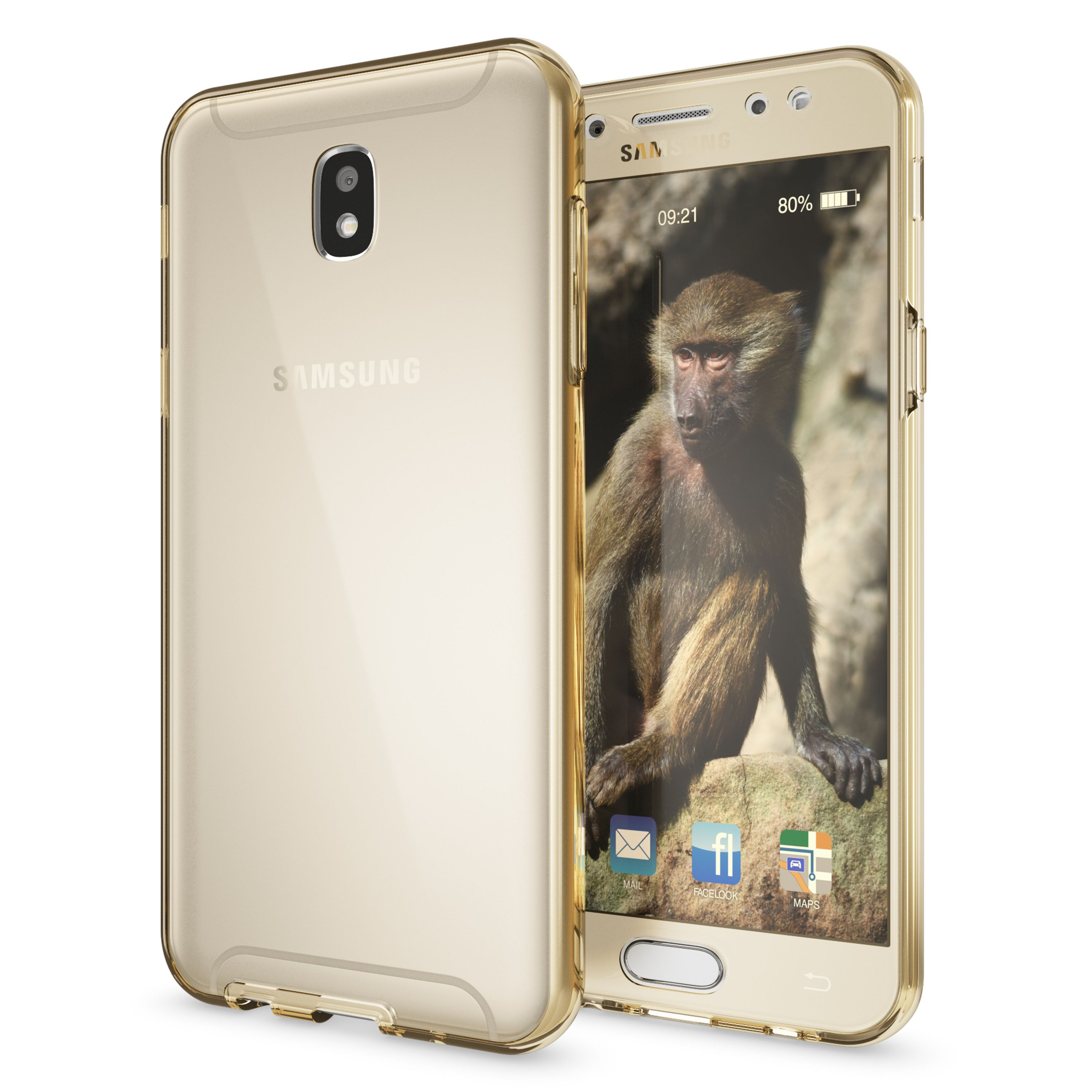 Goldenes Samsung Handy mit Affenbild als Hintergrund. Rückseite und Vorderseite sichtbar.