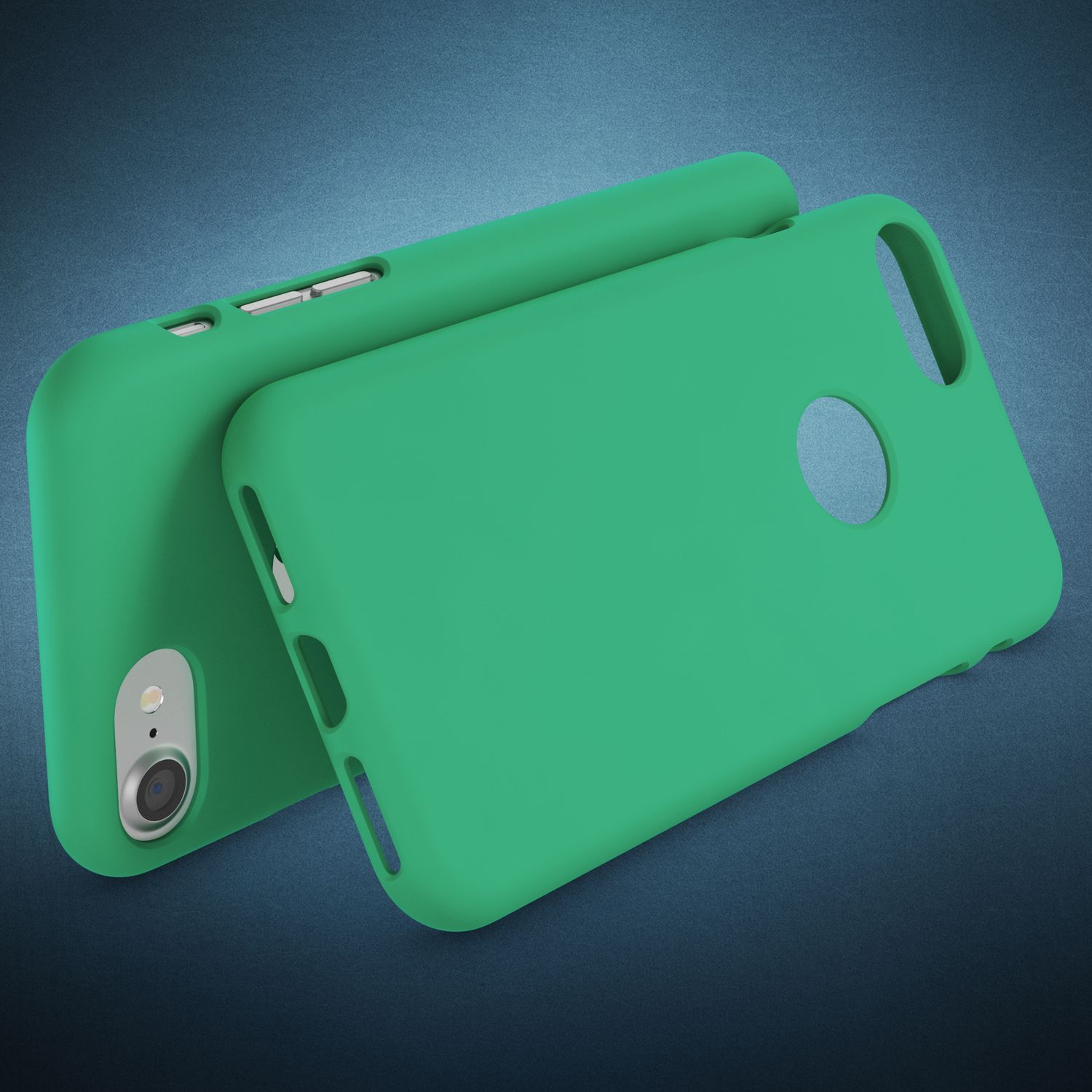 Zwei grüne Handyhüllen auf blauem Hintergrund, eine liegt vorne, die andere dahinter.