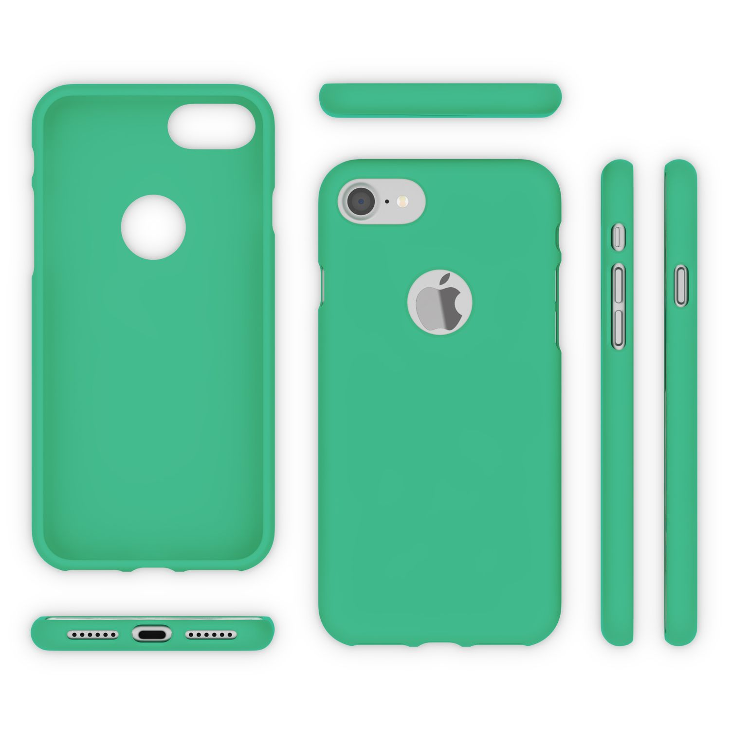 Grüne Handyhülle und Seitenansichten, mit Kameraaussparung und Apple-Logo.
