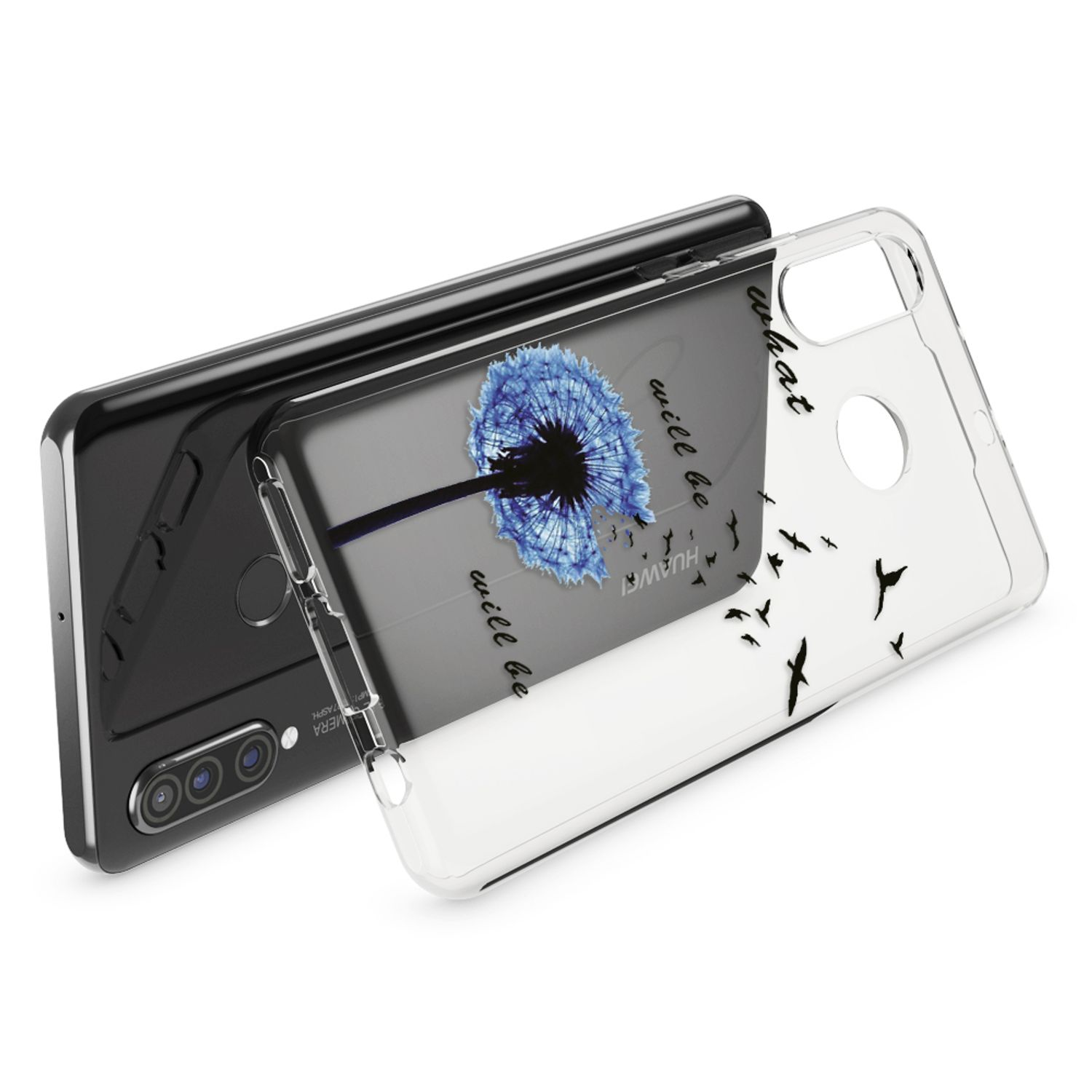 Una custodia trasparente per telefono con un dente di leone blu e uccelli.