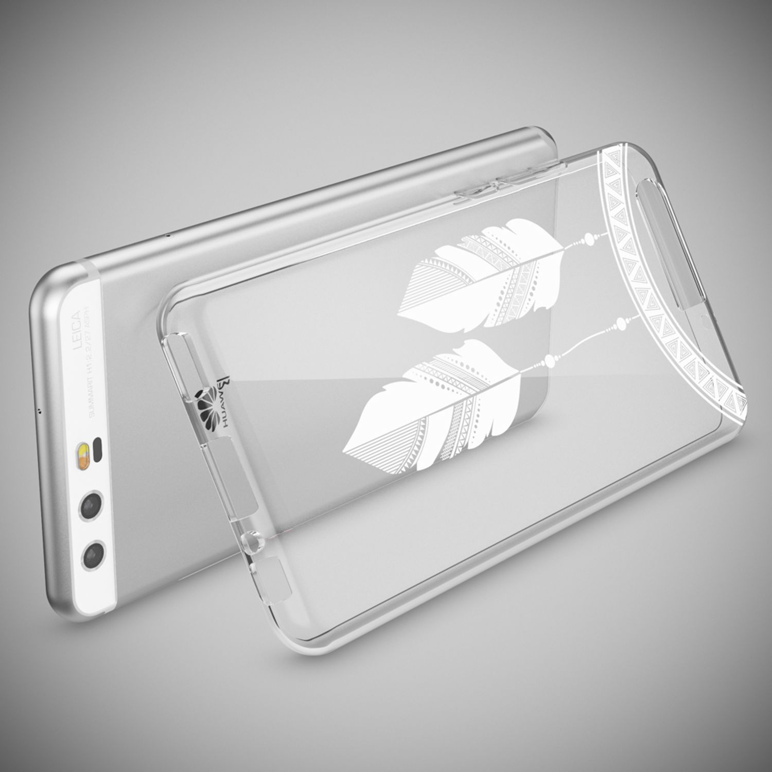 Ein silbernes Smartphone mit einer transparenten Hülle mit Federmotiv.
