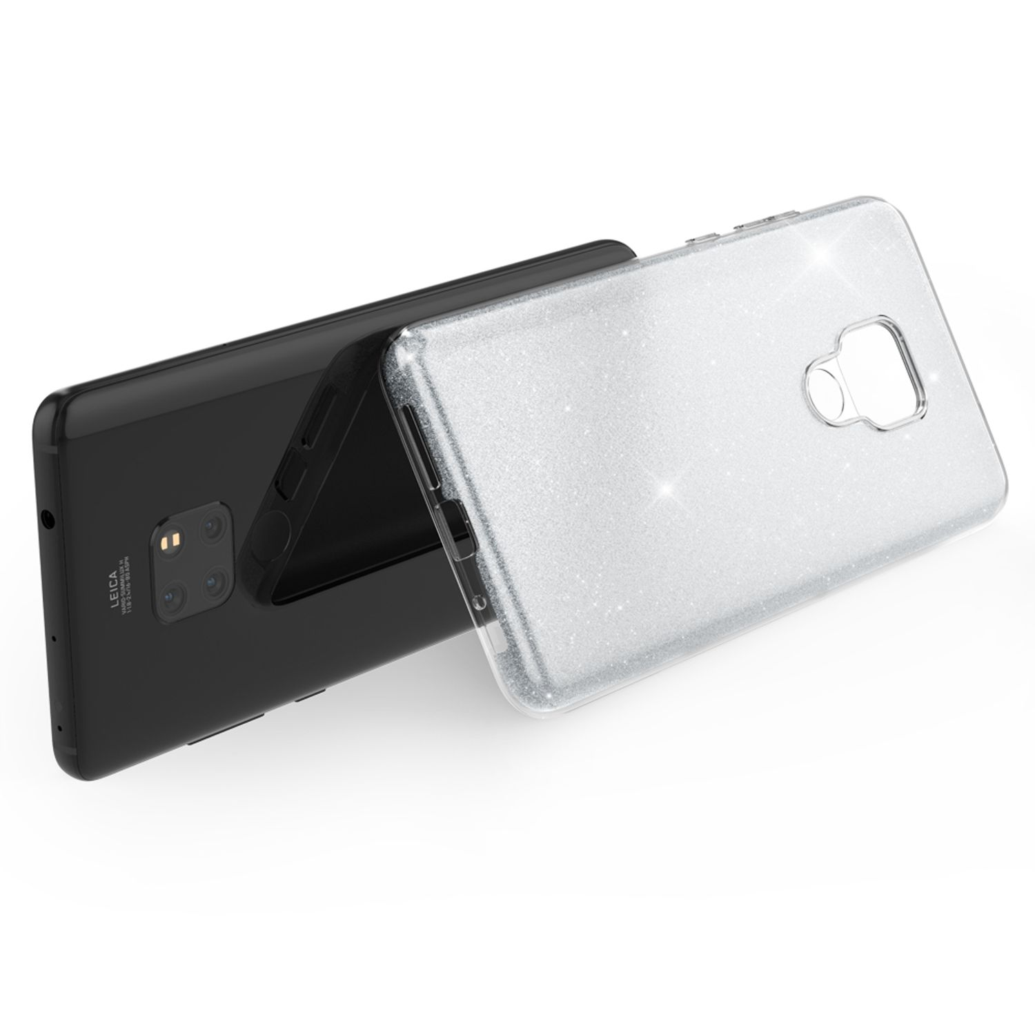 Schwarzes Smartphone mit Leica-Kamera neben einer durchsichtigen Hülle mit Glitzer.