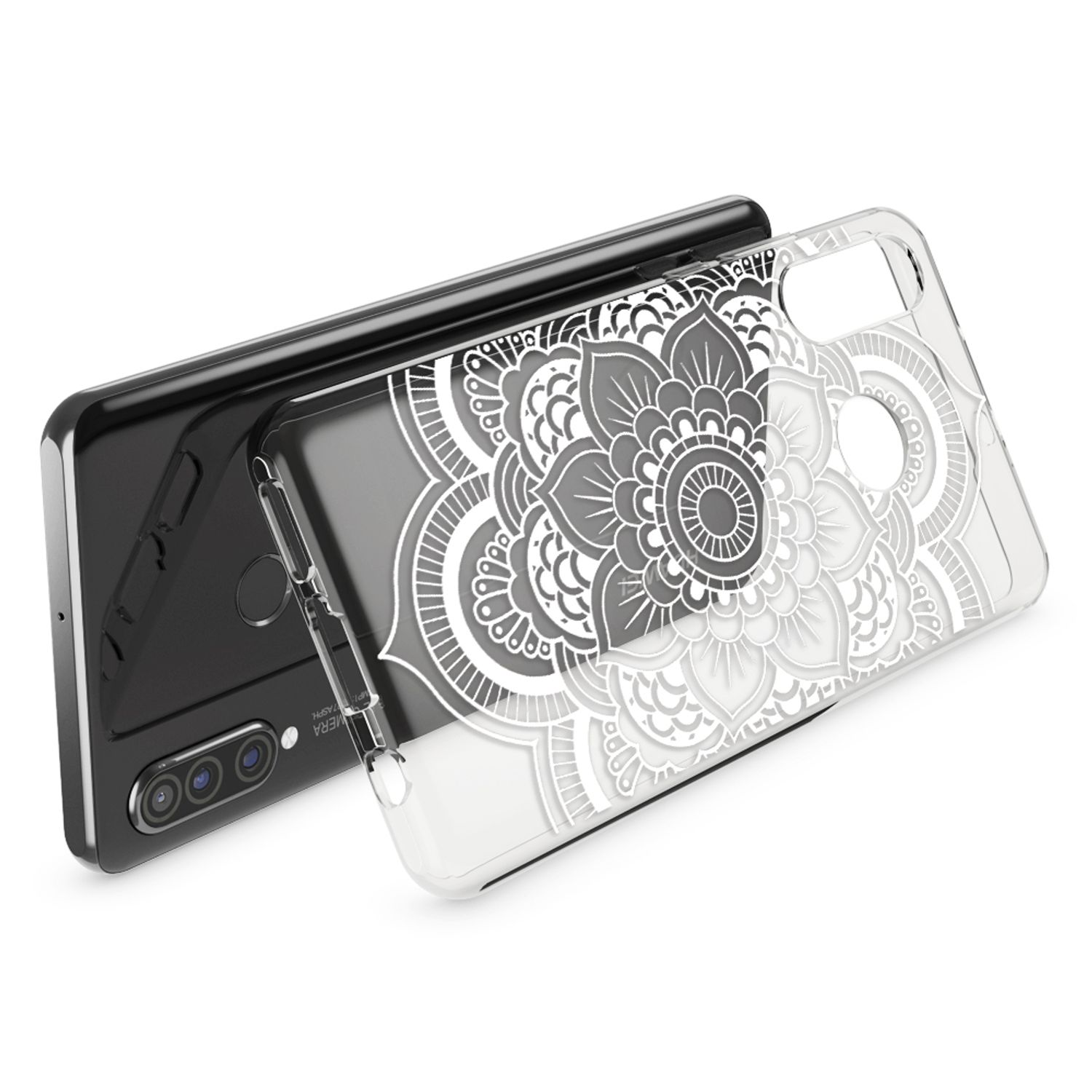 Una cover trasparente per telefono con motivo mandala su uno smartphone nero.