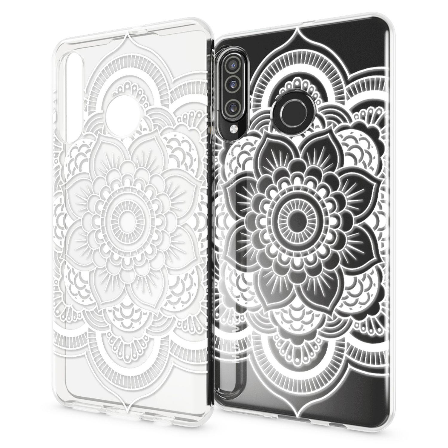 Due custodie per telefono con motivo mandala, una trasparente, una nera.