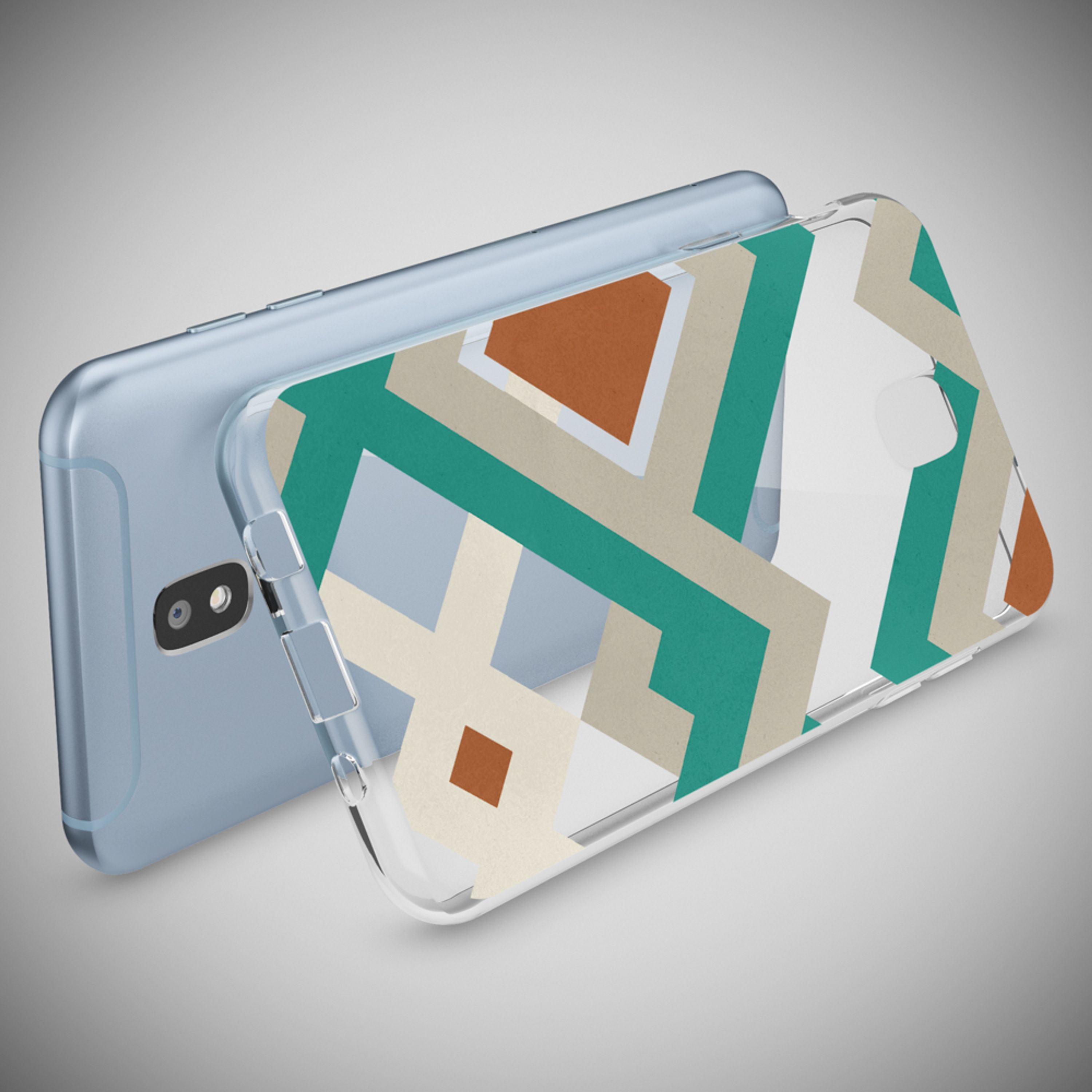 Ein blaues Smartphone mit einer transparenten Hülle mit geometrischem Muster.