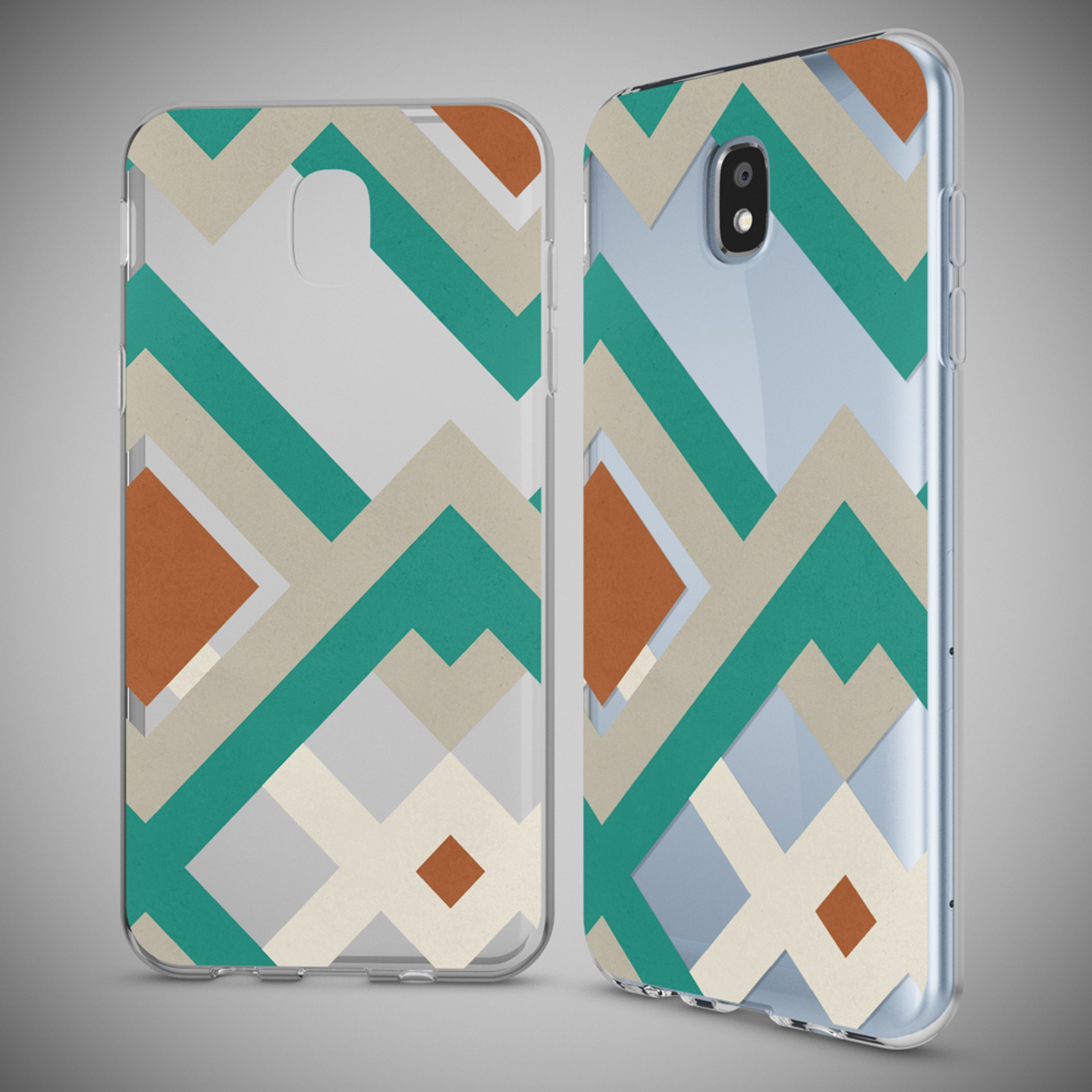 Zwei Handyhüllen mit geometrischem Muster in Beige, Türkis und Orange.