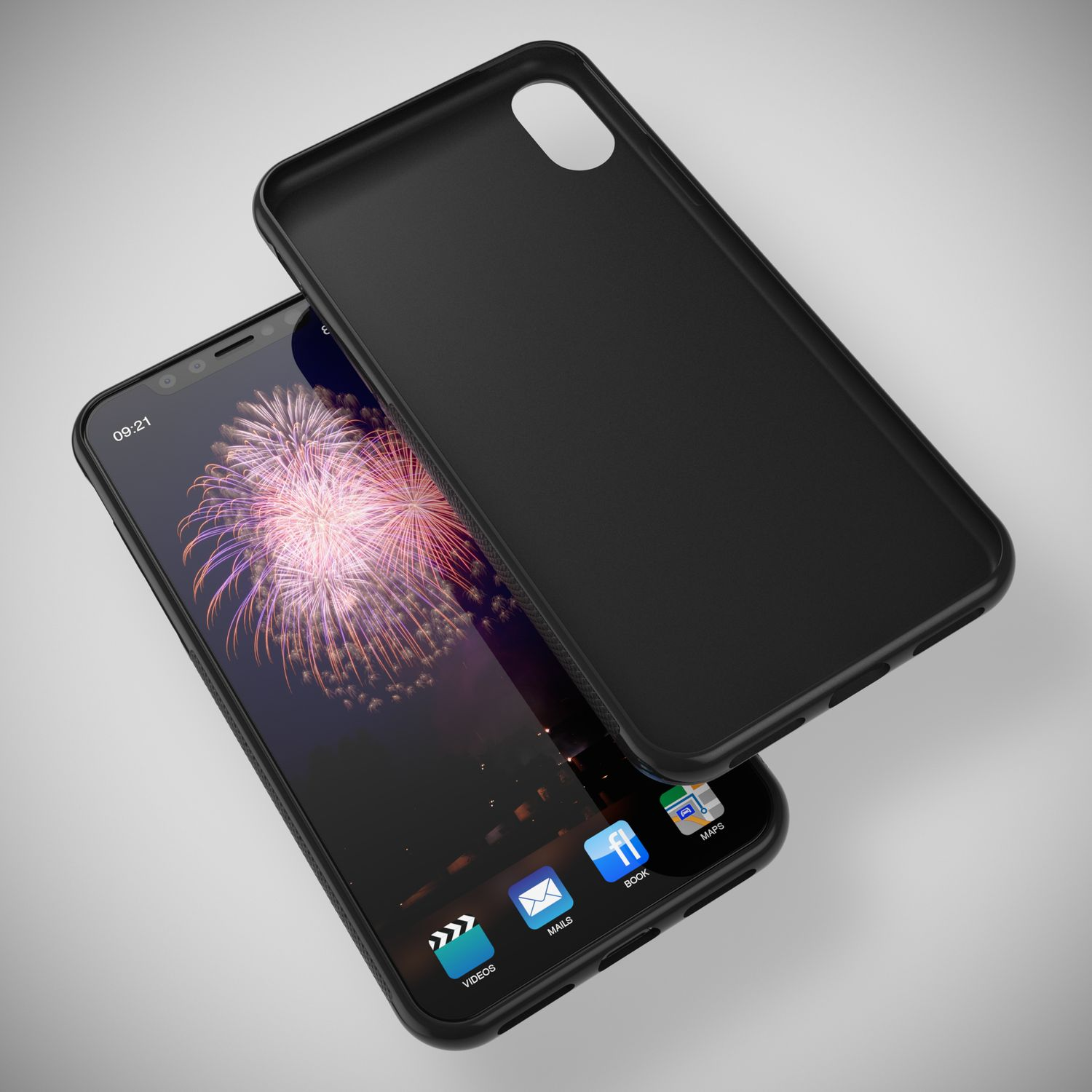 Ein schwarzes Handy mit Feuerwerk-Hintergrund und einer schwarzen Hülle daneben.