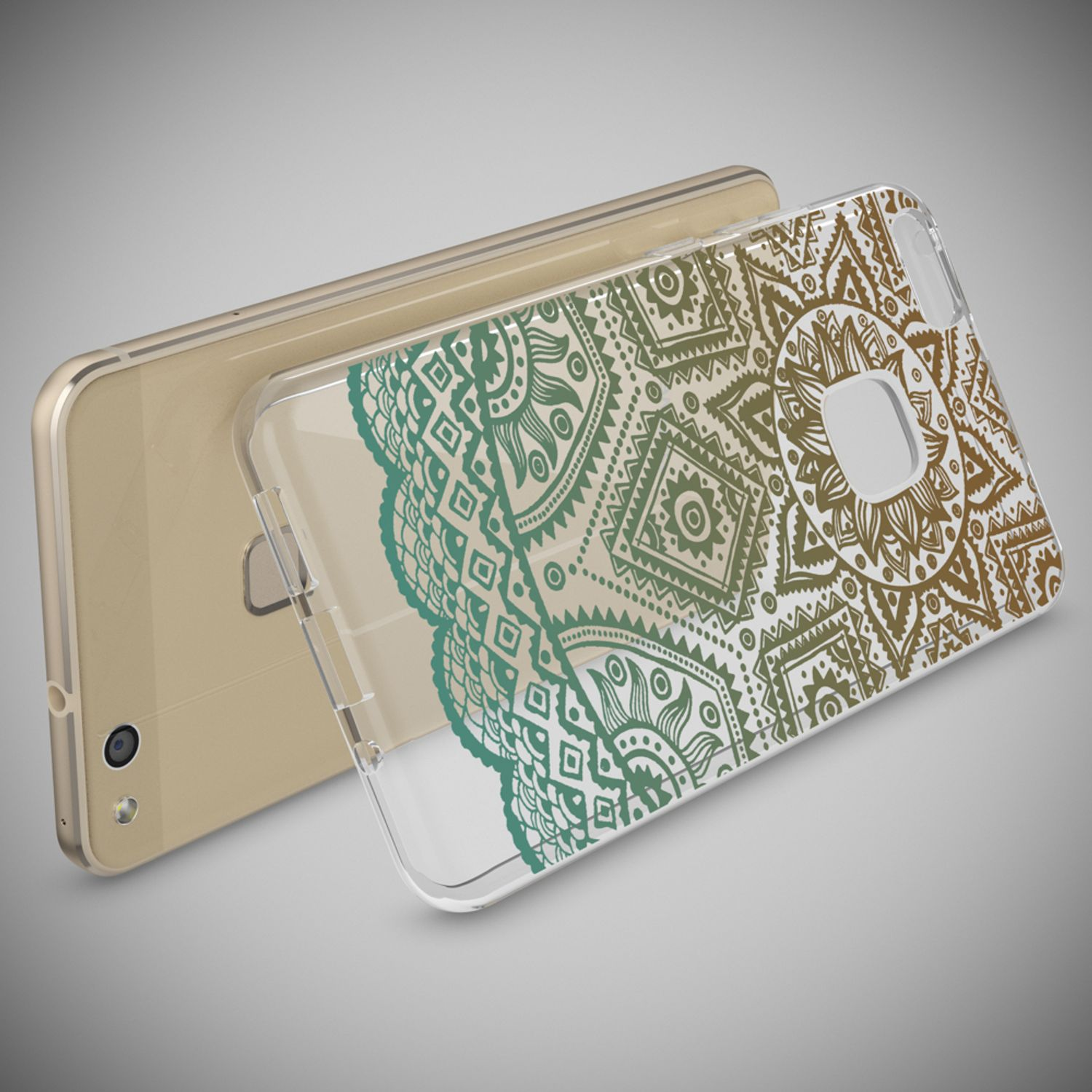 Smartphone dorato con cover trasparente con motivo mandala marrone e verde.